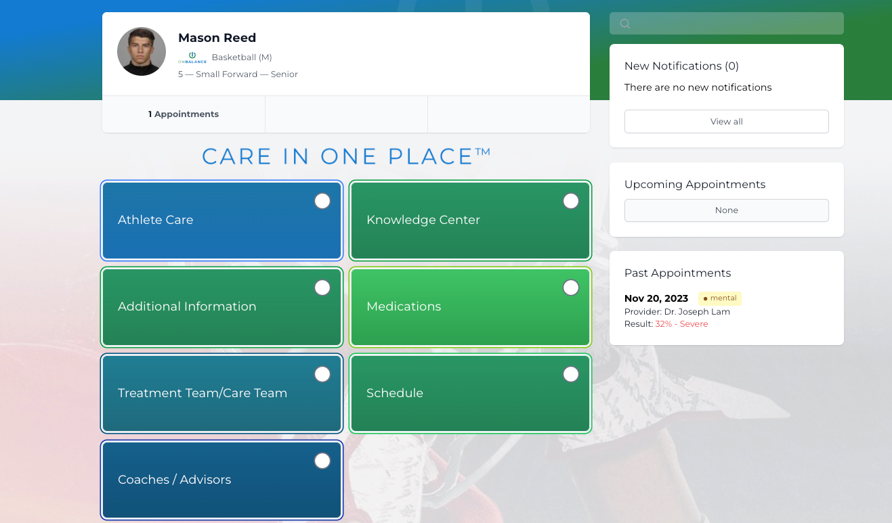 This is the Student Athlete “Care in One Place” dashboard view allowing access to Consent Management, Self Care, and the Educational Library