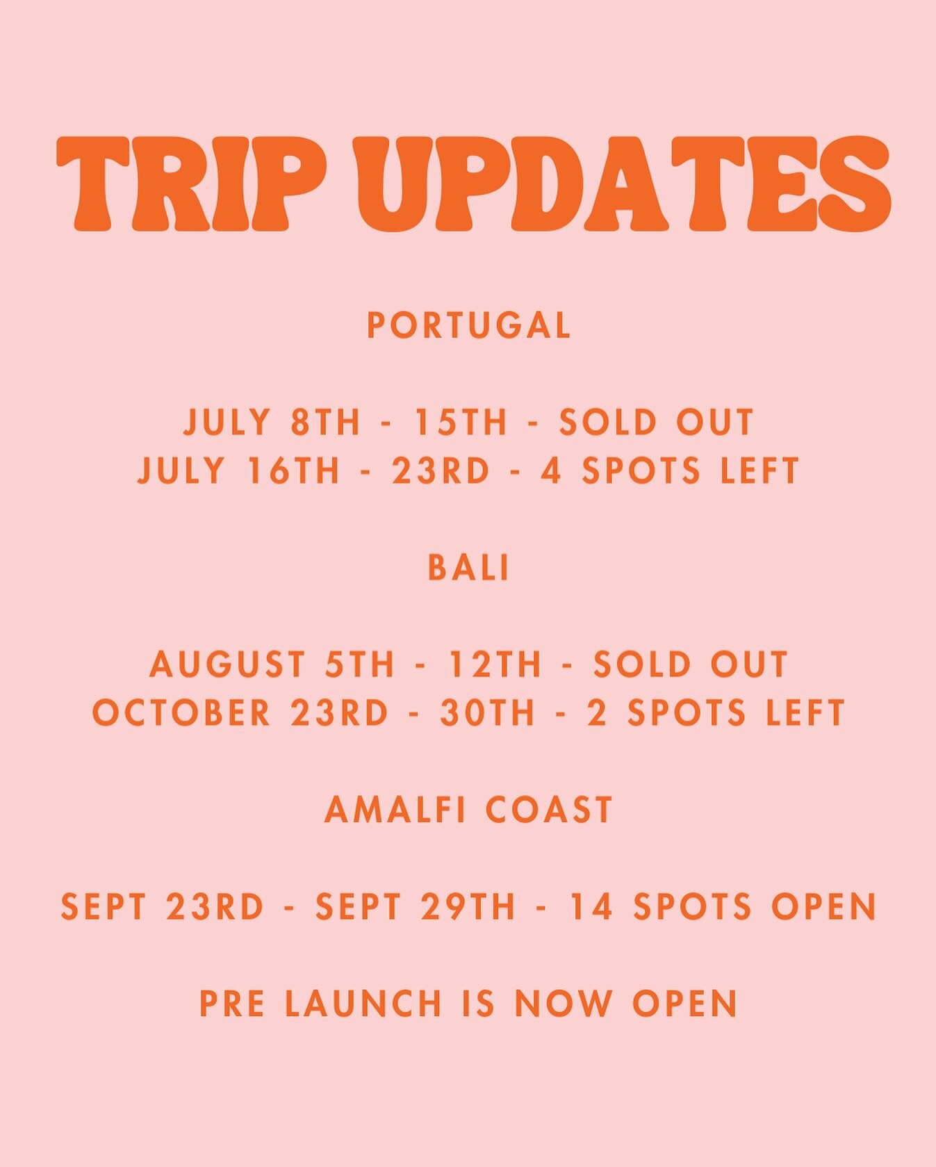 ✈️Here&rsquo;s a round up of our current trips. Comment Trip Name to get full details in your inbox 🧡

🇵🇹 Portugal - 4 spots left 
🇮🇩 Bali - 2 spots left
🇮🇹 Amalfi Coast - 14 spots open (pre launch is now - DM for more info to book before offi