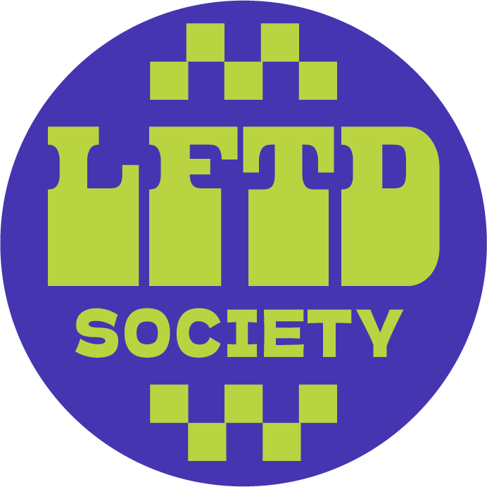 Logo for 'LFTD Society' featuring green lettering and checkered patterns on a blue circular background.