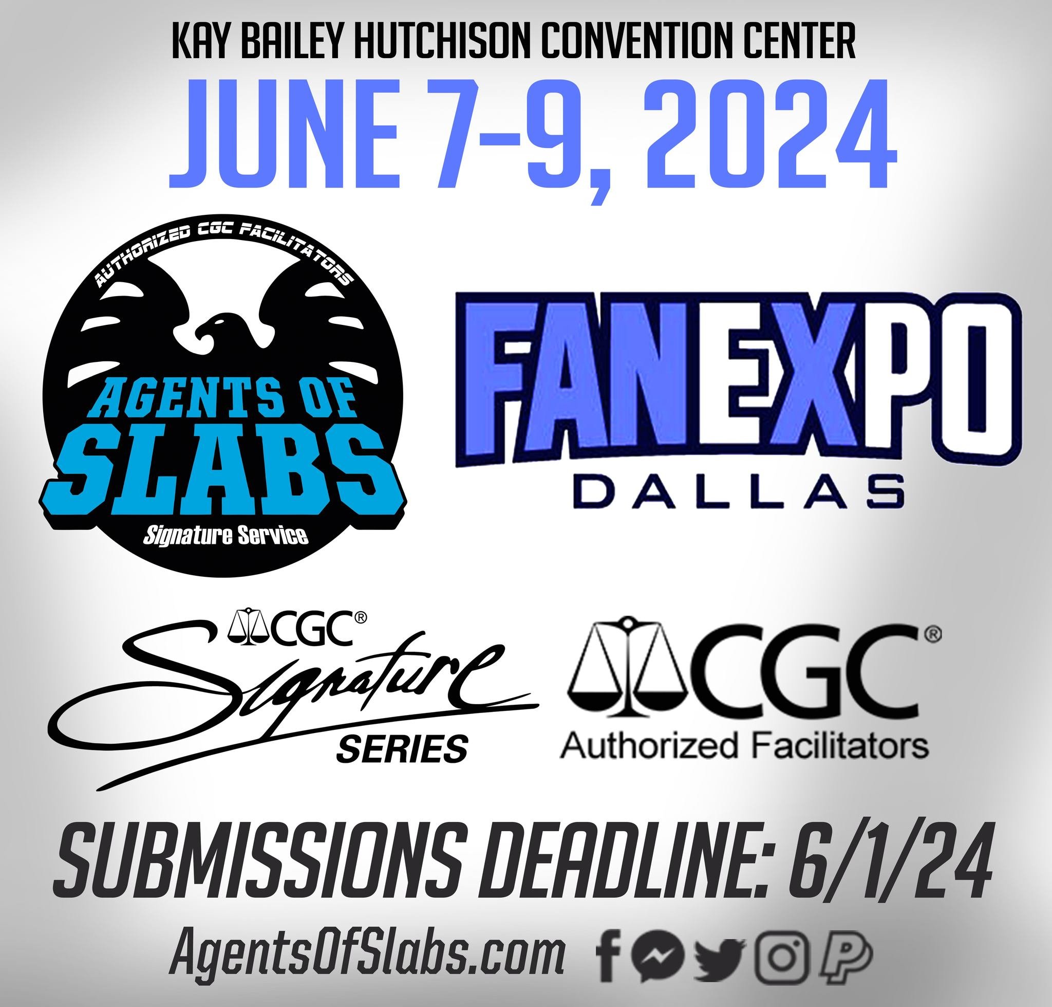 This is the first of 3 big announcements coming your way today!
The Agents of Slabs team is heading to the Lone Star state! We are actively taking in mail-in submissions for FanExpo Dallas! Deadline for mail-in submissions is 6 /1/24! This show alway