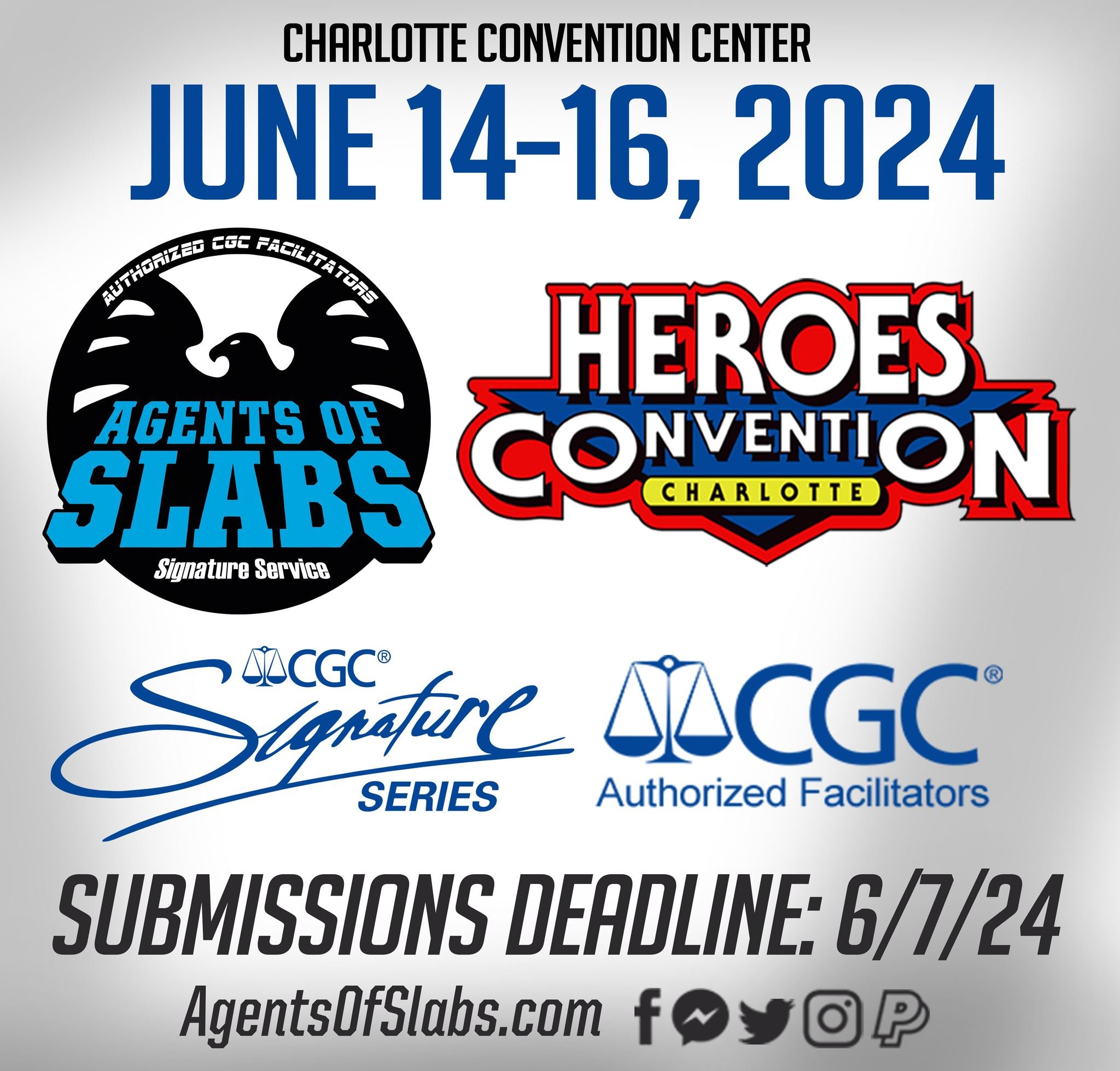 Big Announcement Number 2!
The Agents of Slabs team is heading to Charlotte, North Carolina for Heroes Con! We are actively taking mail-in submissions for this show! Deadline for submissions is 6/7/24! This show always has an awesome line-up filled w