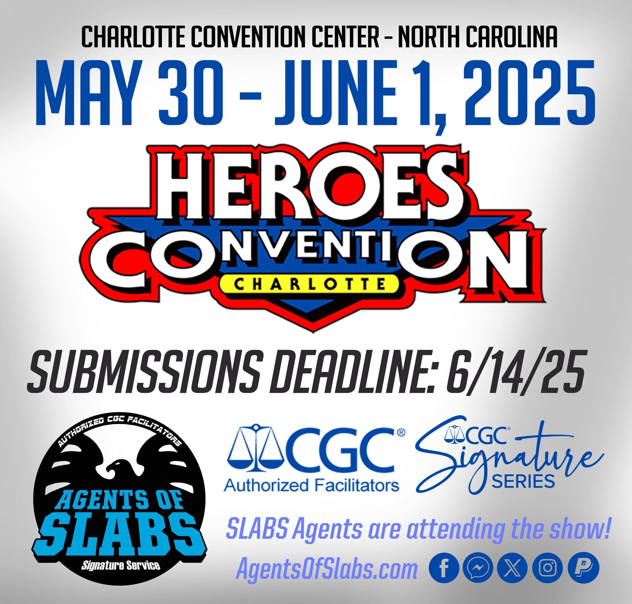 The Agents of Slabs returns to Heroes Con! This show is always stacked with great guests from top to bottom! We are actively taking mail-in submissions for this event! Mail-in submission deadline is 6/7/24! The guest list grows every day for this eve
