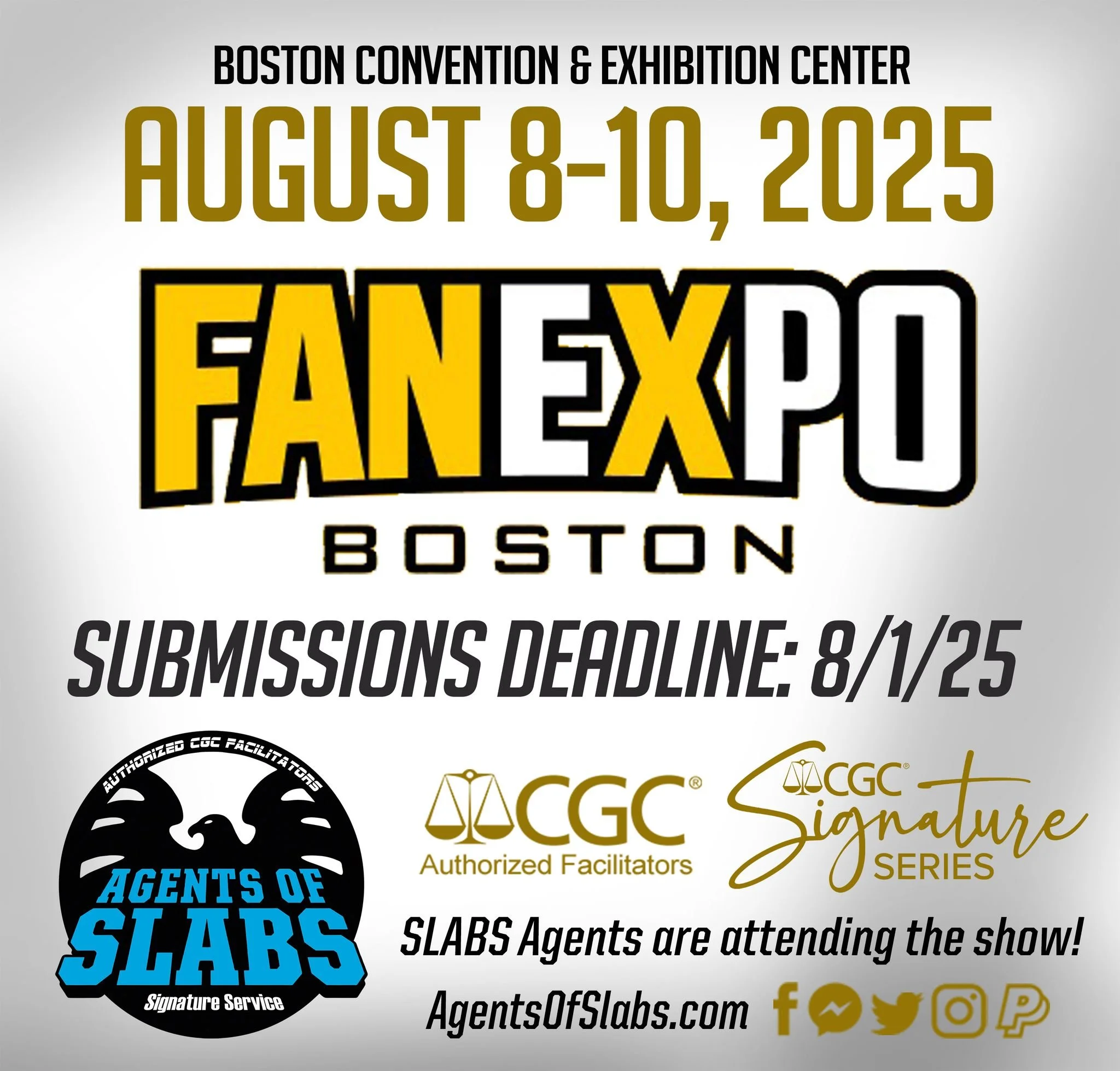 Two shows on one weekend? Fear not, the Agents of Slabs has you covered! We will be at FanExpo Boston to help you with all your CGC needs! Booth announcement coming soon! We are also taking in mail-in submissions for this event! Mail-in submission de