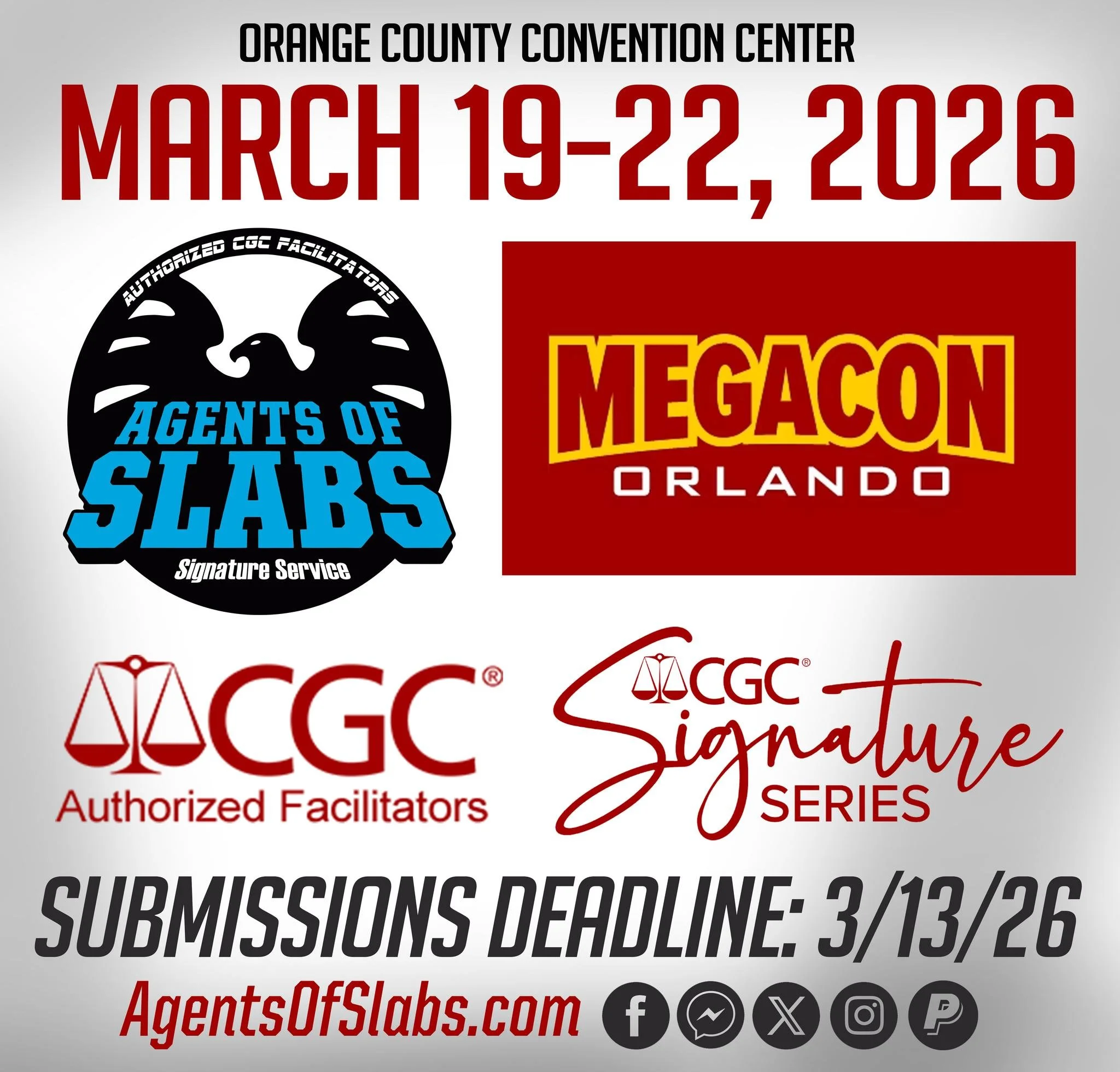 Our second big show announcement for 2026! Our home state show MegaCon is coming in March 2026! The Agents of Slabs will be set up there to help you with all your CGC needs! We are also taking mail-in submissions for this event. The cutoff date for m