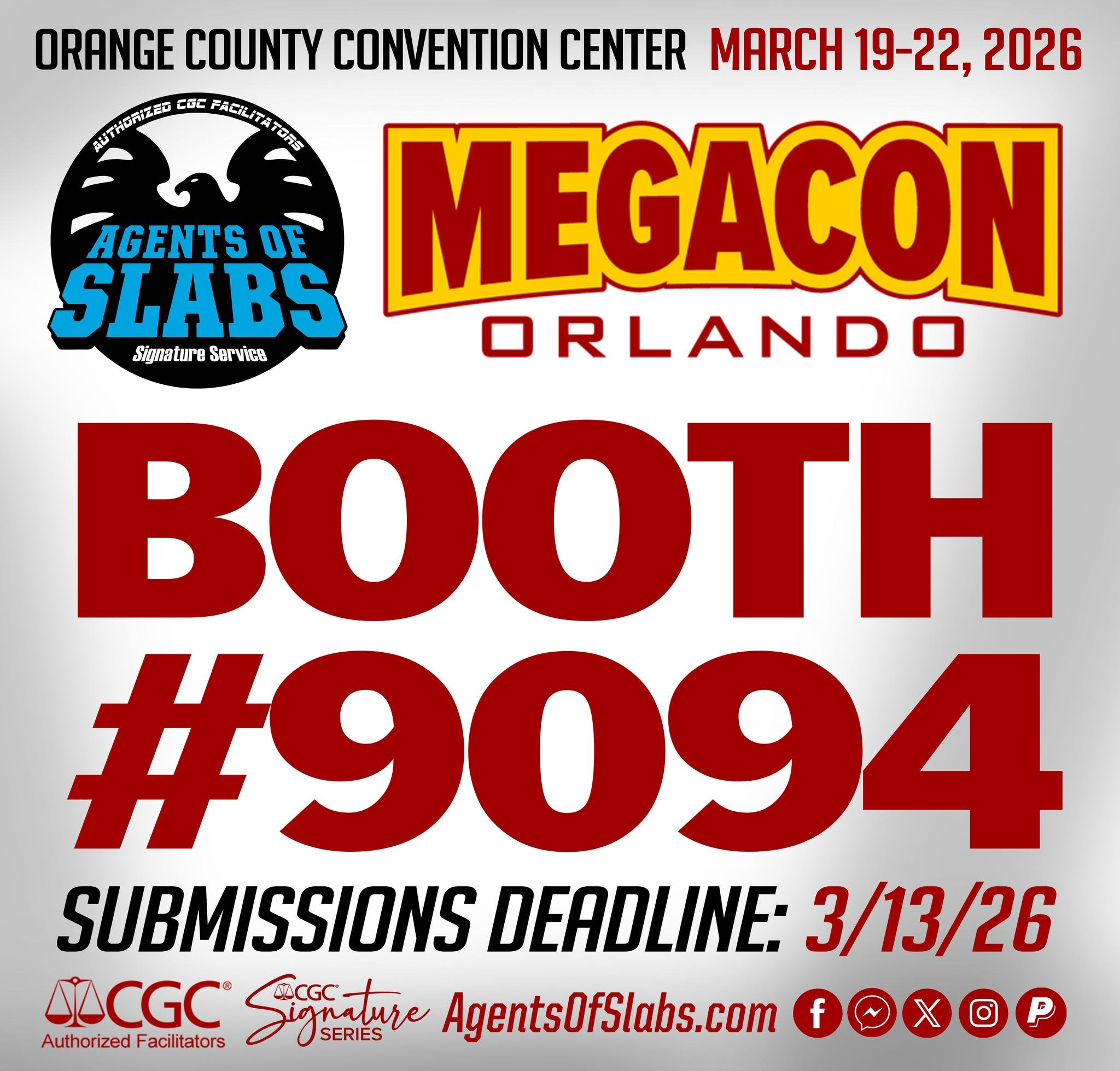 Booth announcement time! Our booth at MegaCon Orlando is: 9094! We will be right next to our friends at Flashpoint Comics &amp; Games! Stop by for all your CGC Signature Series needs! Our pals at Primo Certifications will be there as well to help you
