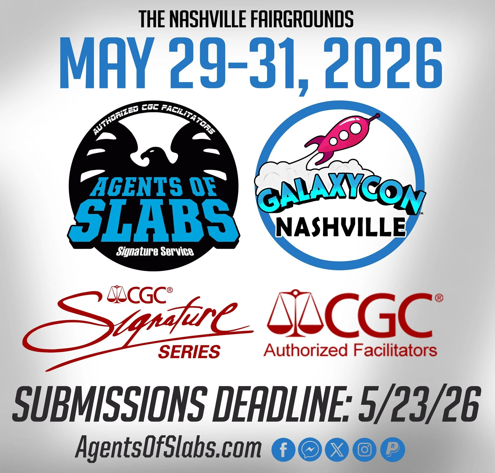 The Agents of Slabs is heading to the Music City! We are the official on-site CGC facilitator for GalaxyCon Nashville! We will be able to help you with all your CGC needs at this event! We're also actively taking in mail-in submissions. Mail-in submi