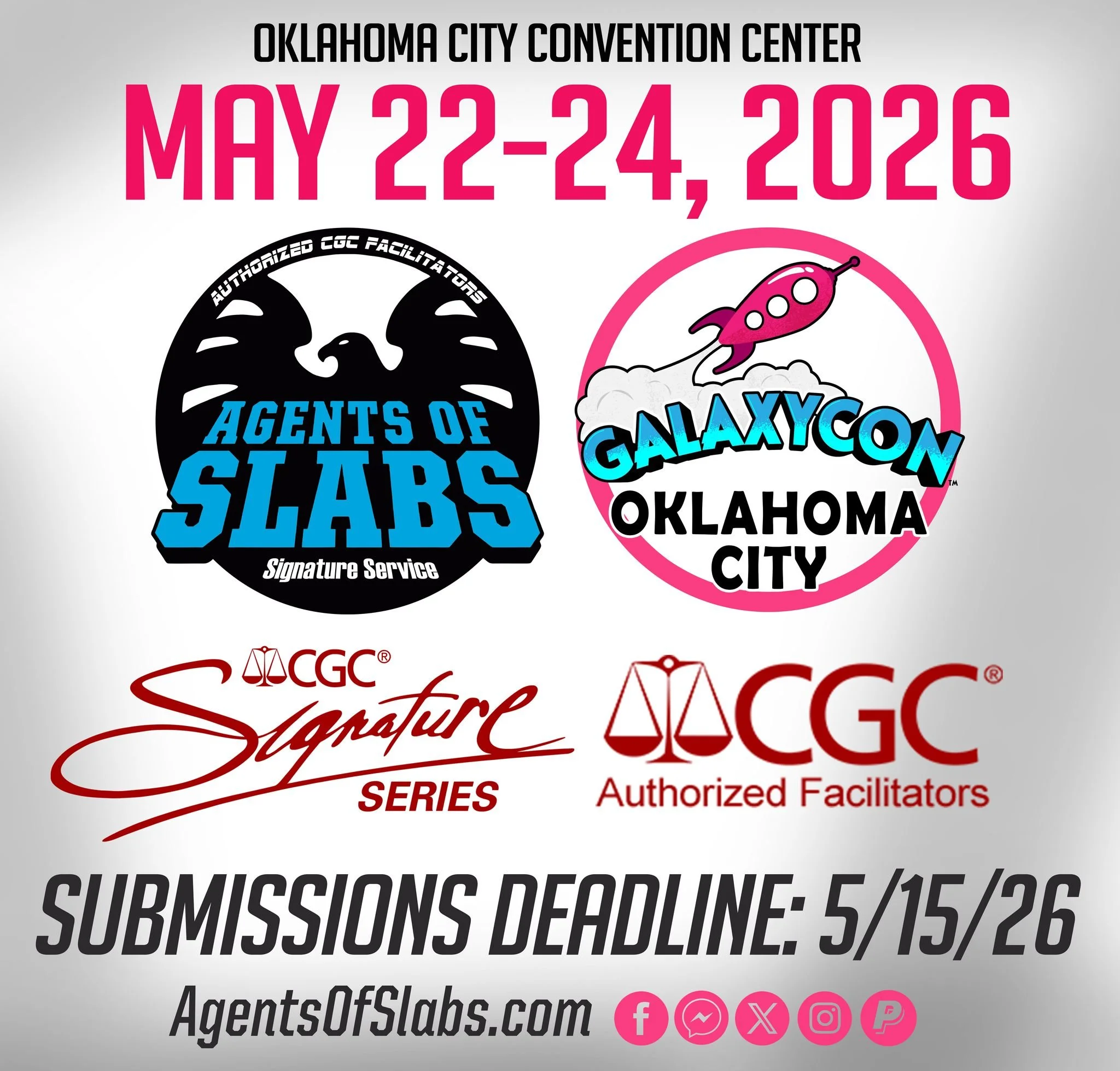 Our first show in May is heading your way! The Agents of Slabs will be on site accepting CGC submissions for Galaxy Con Oklahoma City! AOS will be there to help you with all your CGC submission needs! We are also taking mail and submissions for this 