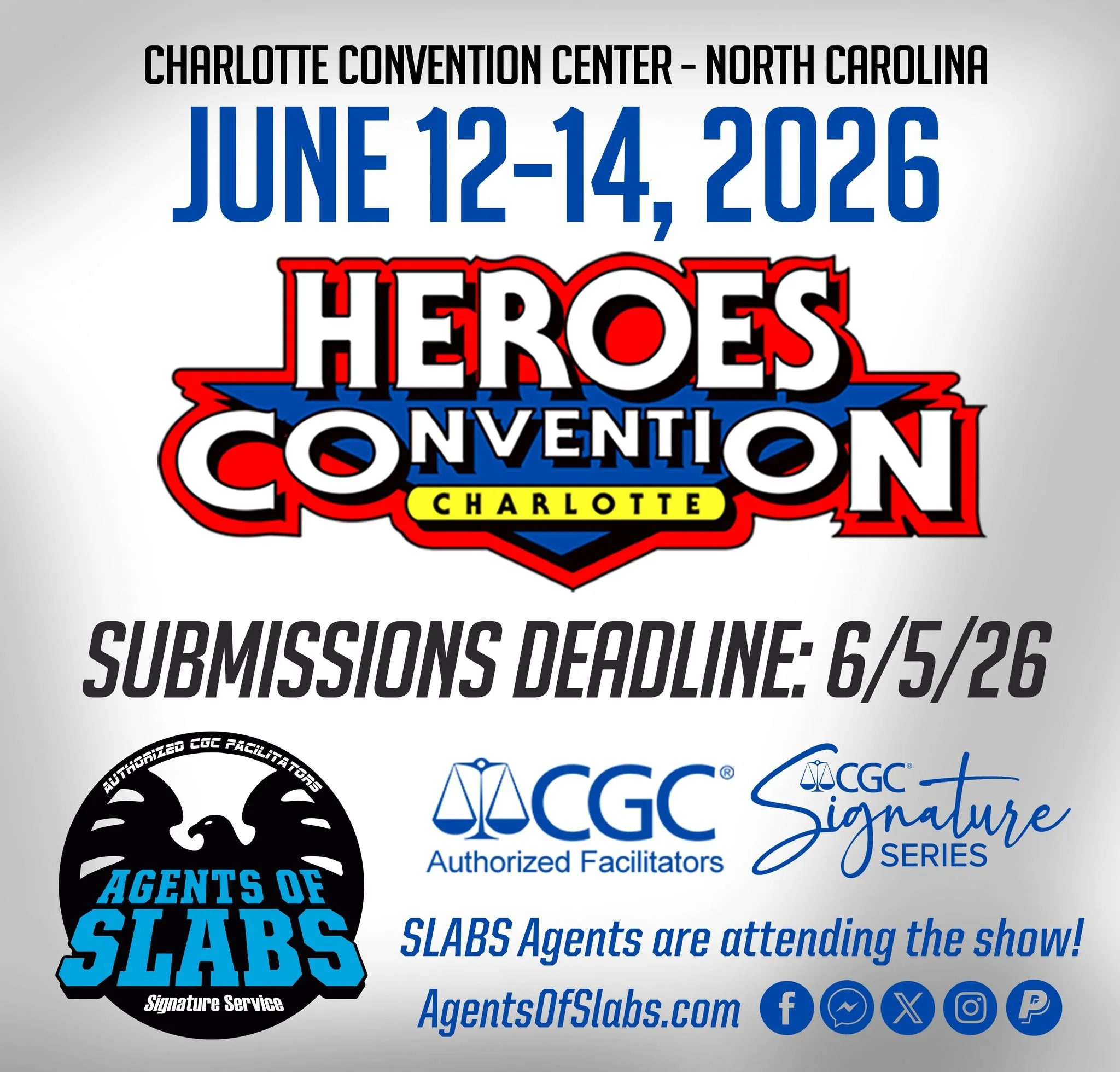 The Agents of Slabs returns to Heroes Con! This show is always stacked with great guests from top to bottom! We are actively taking mail-in submissions for this event! Mail-in submission deadline is 6/5/26! The guest list grows every day for this eve