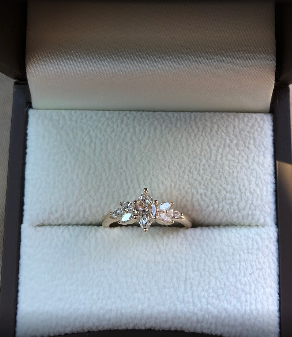 A diamond cluster ring in a jewelry box