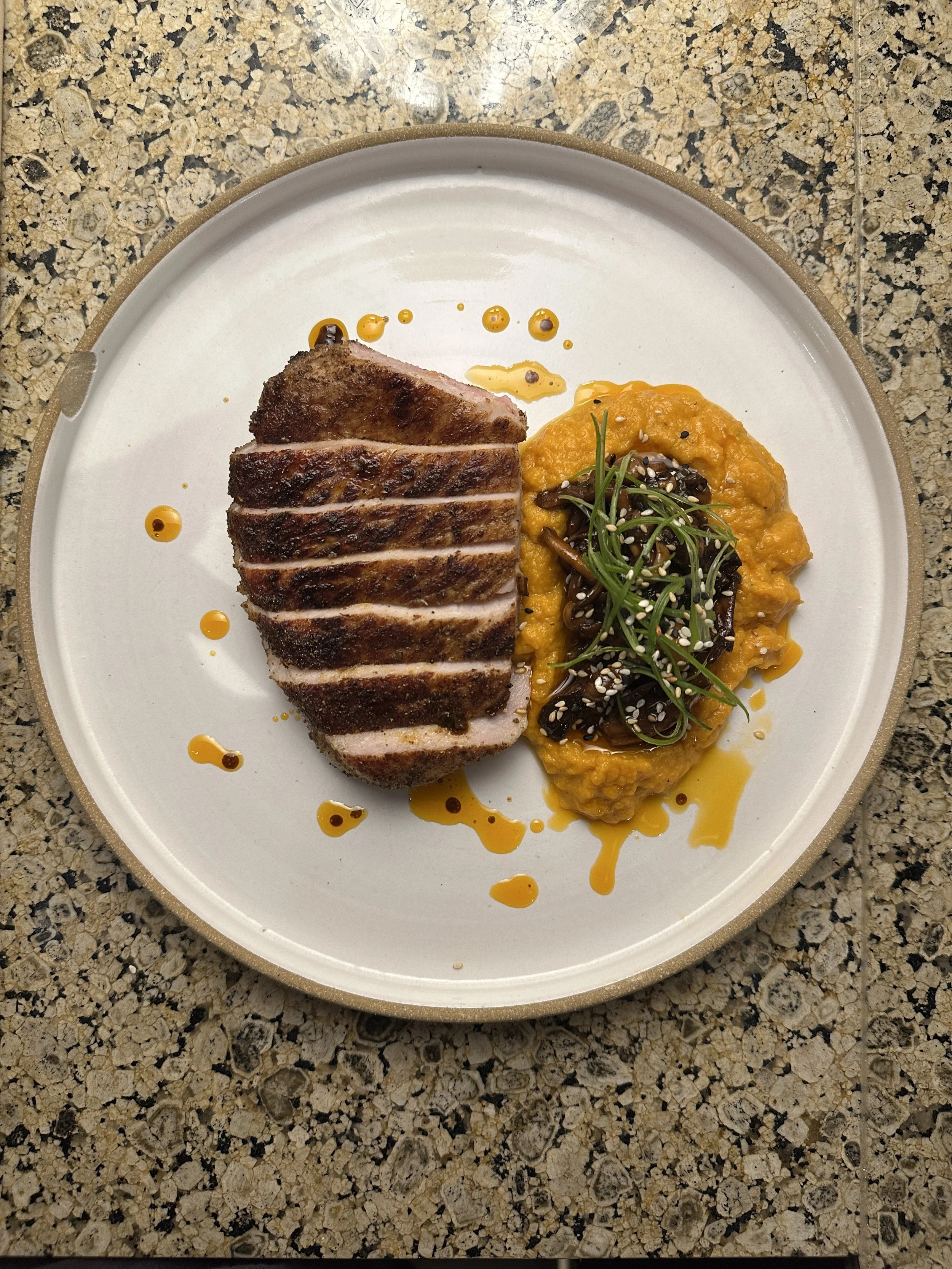 Pork. Sweet Potato. Mushroom.