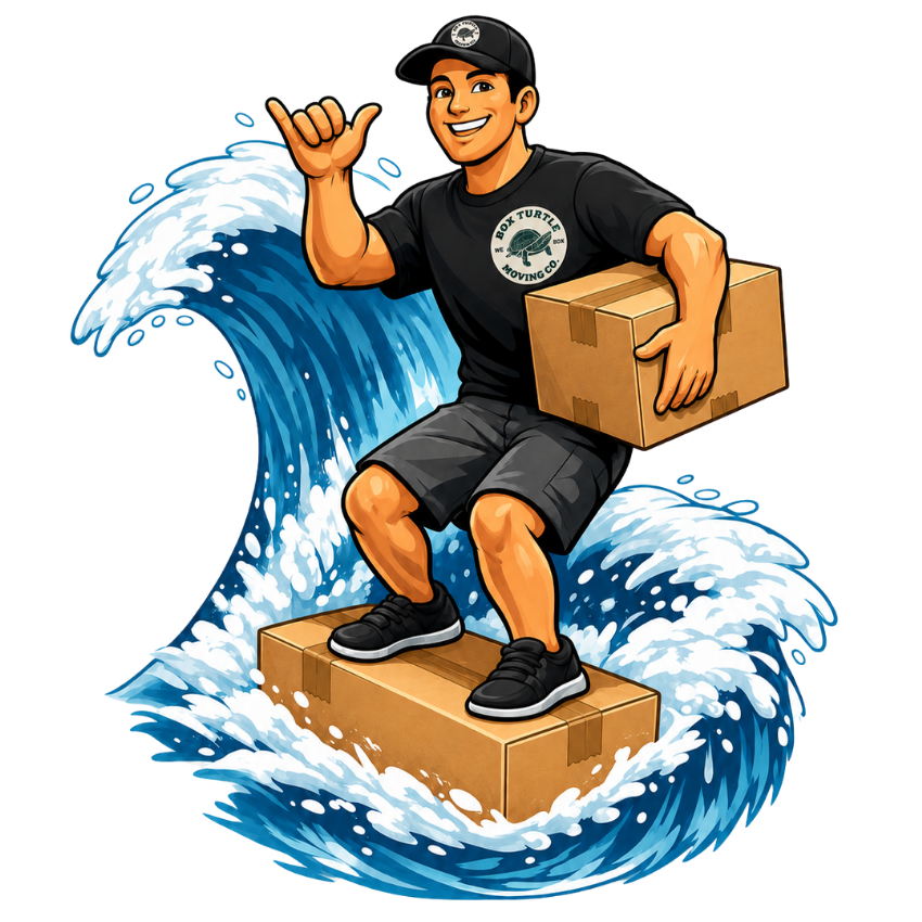 Box Turtle Moving Co. Employee on a wave