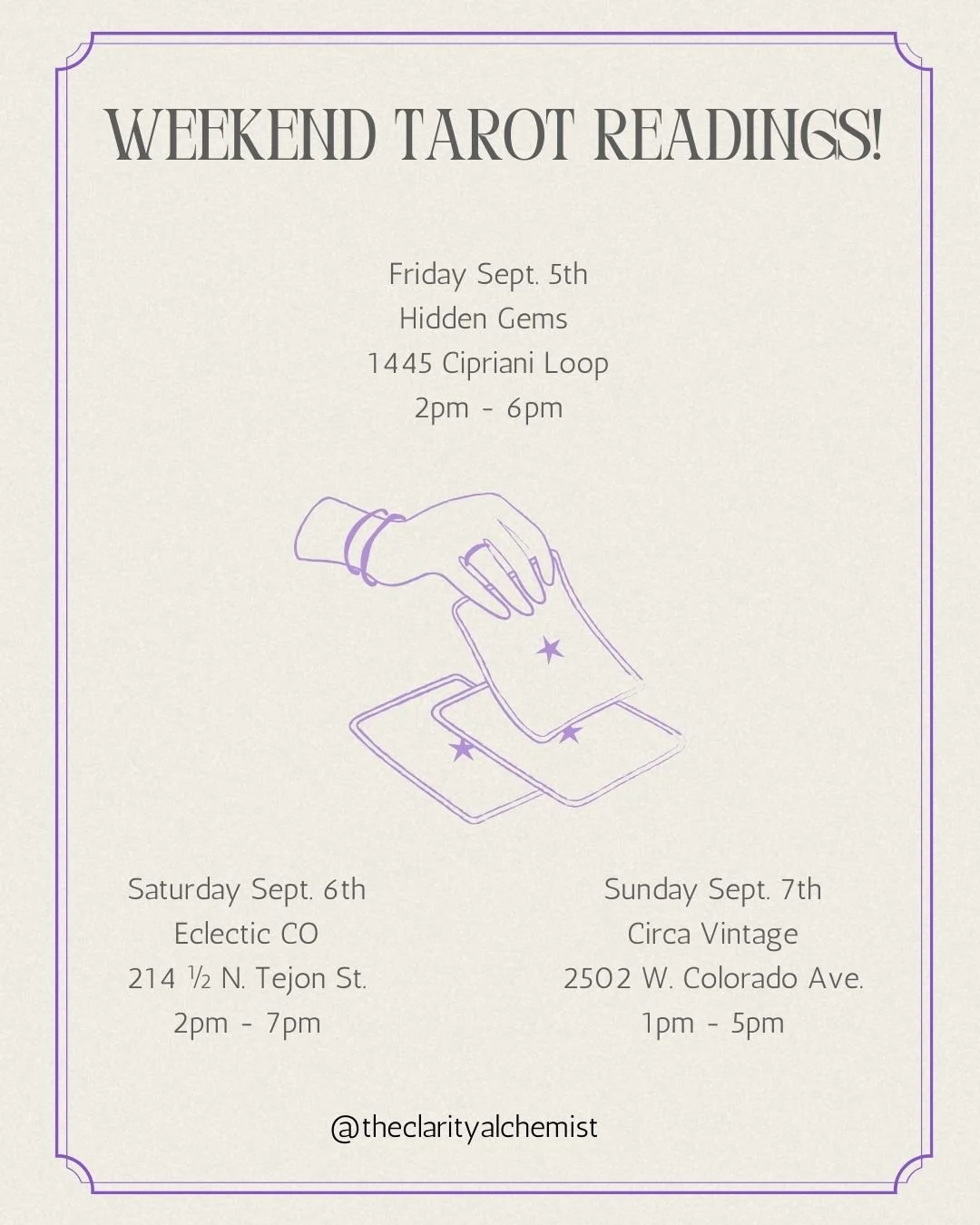 Come out this weekend for some tarot readings! 
#tarotcardreadersofinstagram
#oraclecardreadersofinstagram
#energyreadersofinstagram 
#sourceconsciousness
#higherselfcontact
#messagesfromspirit
#weekendtarot 
#funsummervibes 
#summermagic
#esoterickn