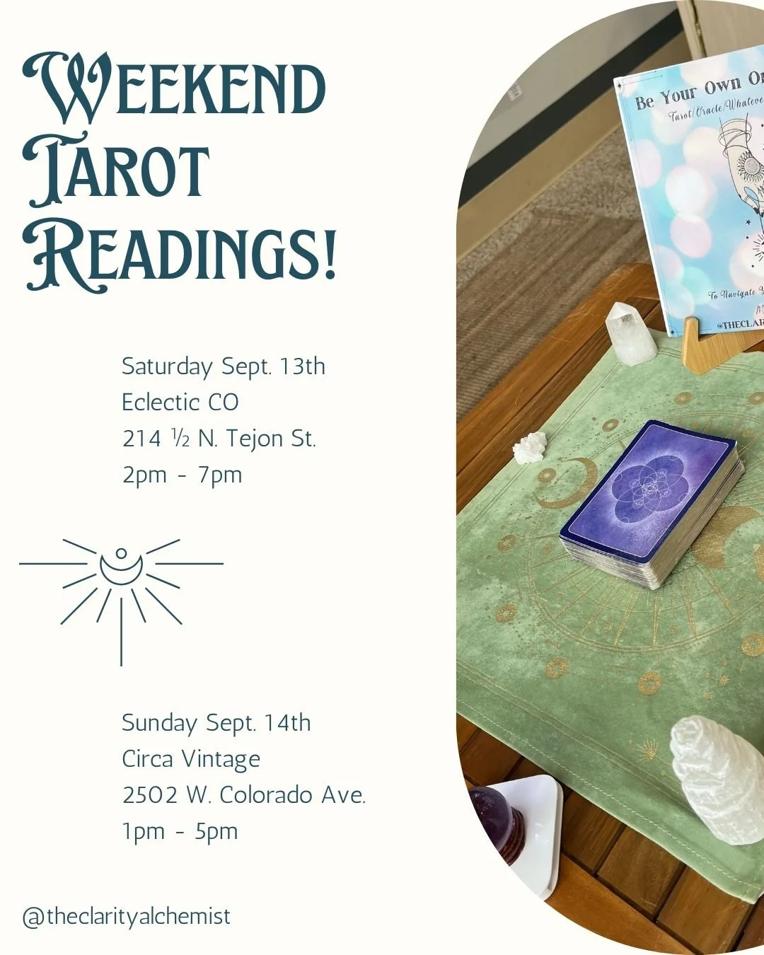 Stop in for some tarot readings this weekend! #tarotcardreadersofinstagram
#oraclecardreadersofinstagram
#energyreadersofinstagram 
#sourceconsciousness
#higherselfcontact
#messagesfromspirit
#weekendtarot 
#funsummervibes 
#summermagic
#esotericknow