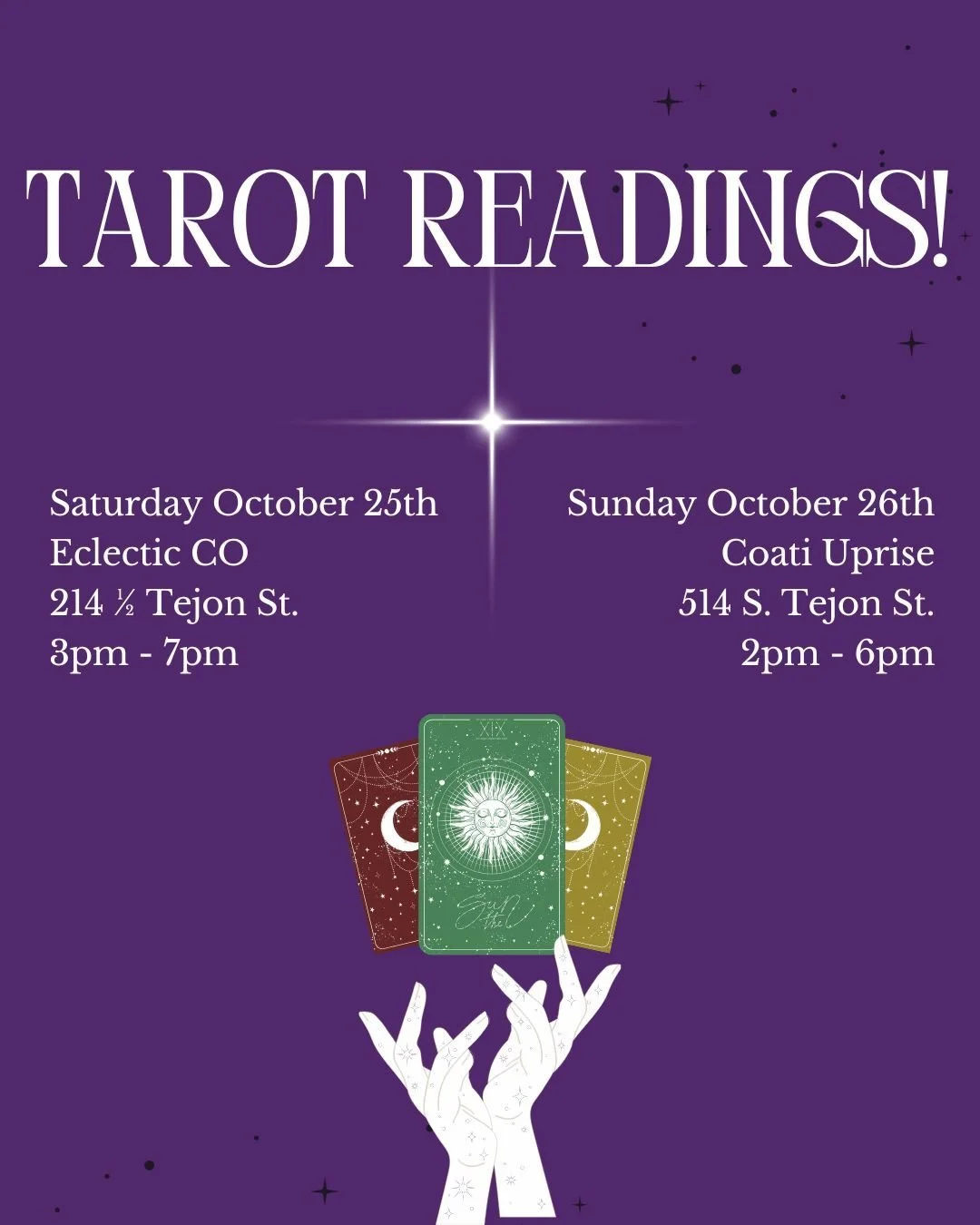 See if you can catch me this weekend for some spooky season readings! 
#tarotcardreadersofinstagram
#oraclecardreadersofinstagram
#energyreadersofinstagram 
#sourceconsciousness
#higherselfcontact
#messagesfromspirit
#weekendtarot 
#funsummervibes 
#