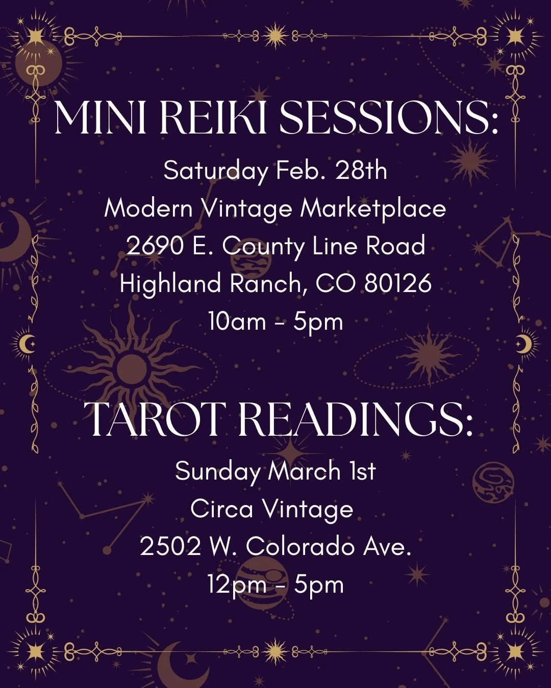 Join me this weekend for mini reiki sessions on Saturday up in Highlands Ranch and weekend tarot back in the springs! @mvmretail @circa.vintage.shop 
#tarotcardreadersofinstagram #minireikisessions #highlandsranch #COsprings #weekendtarot