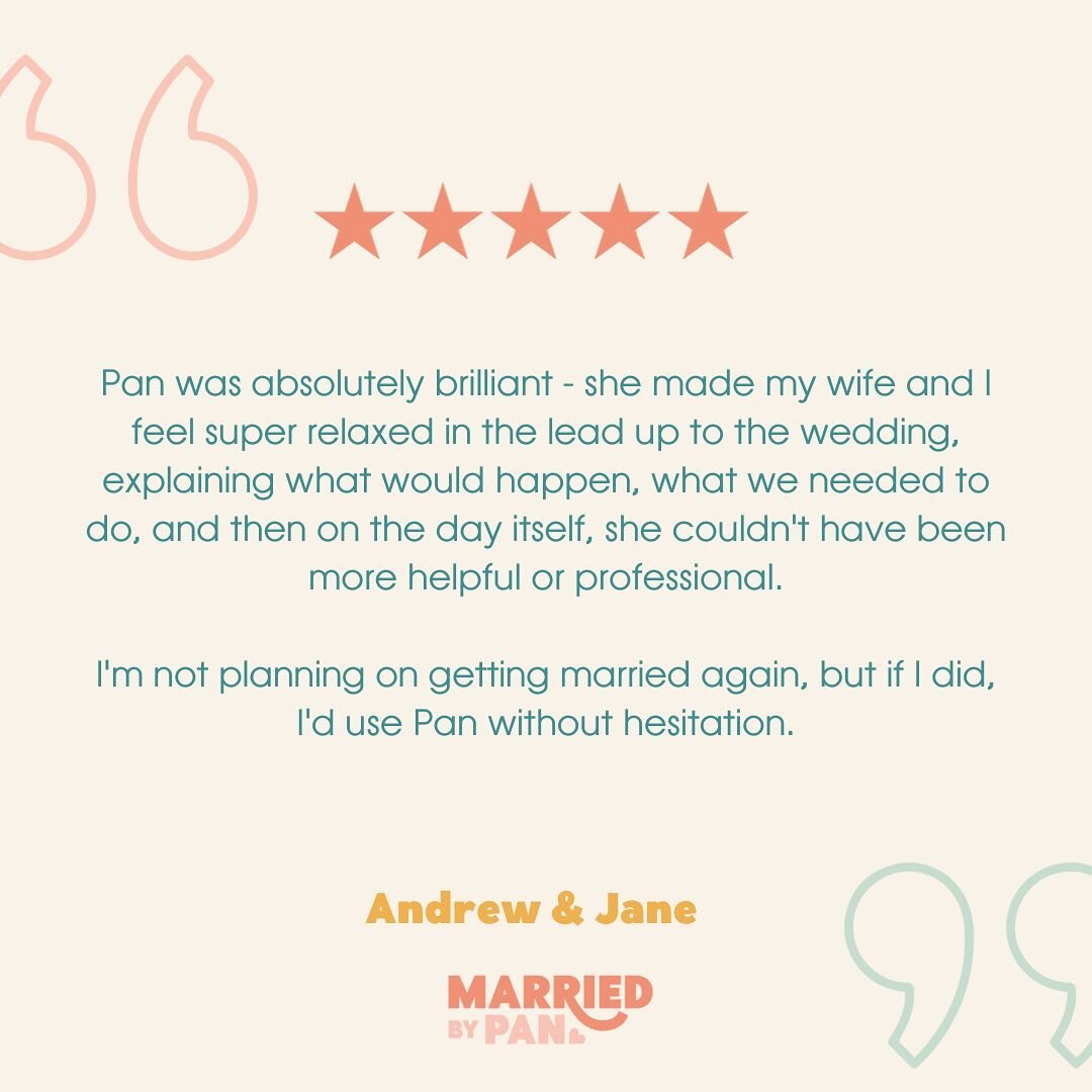 Kind Words: 
&ldquo;Pan was absolutely brilliant - she made my wife and I feel super relaxed in the lead up to the wedding, explaining what would happen, what we needed to do, and then on the day itself, she couldn't have been more helpful or profes