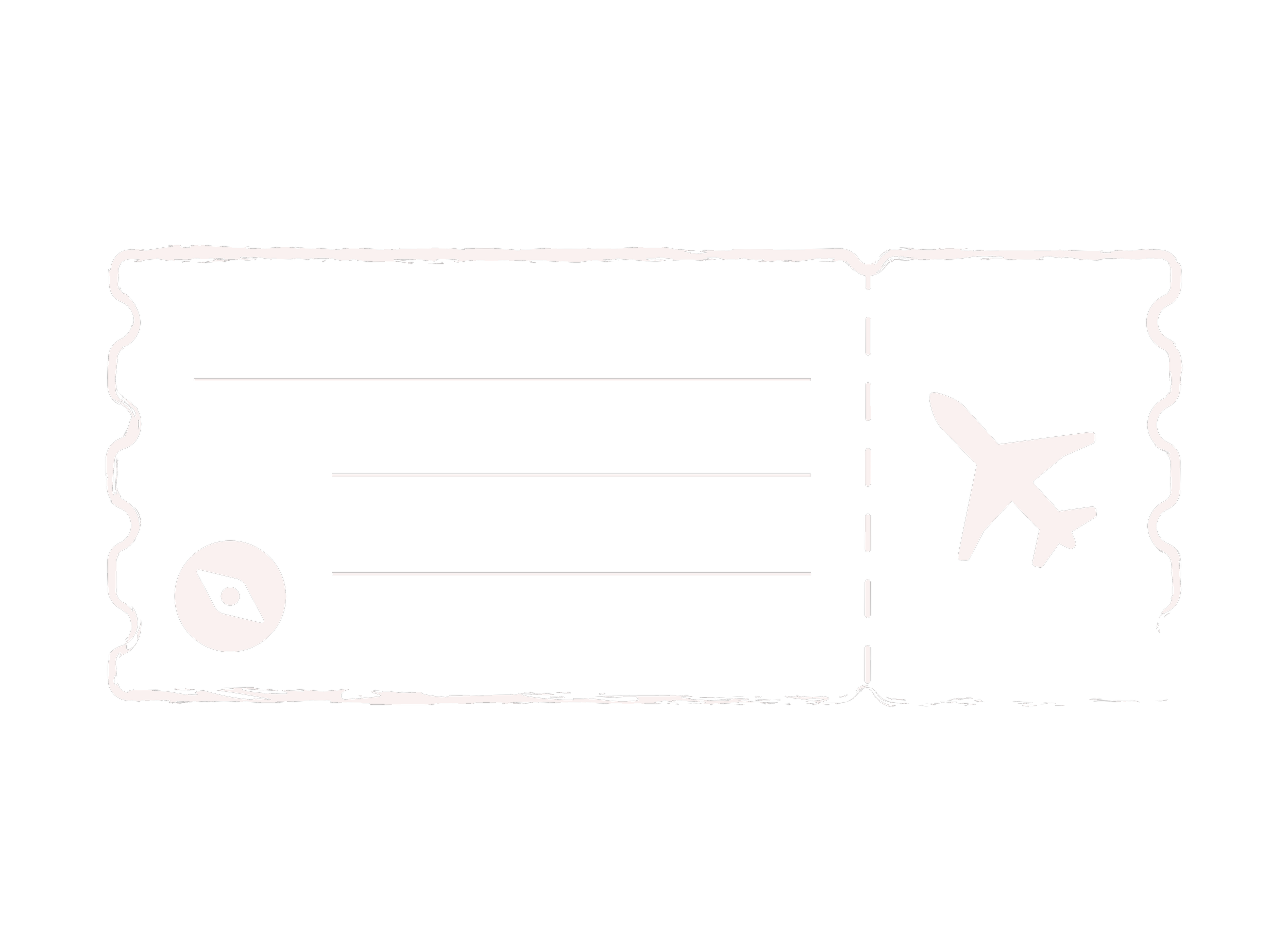 A black and white illustration of a flight ticket with an airplane icon on the right and a compass icon on the left.