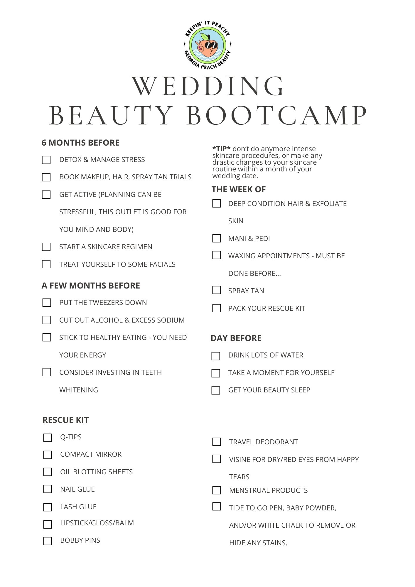 Wedding beauty bootcamp checklist with tips for months leading up to the event, including detox, skincare, and a rescue kit, featuring various items and reminders by Georgia Peach Beauty, a professional makeup artist and nail technician based in NB