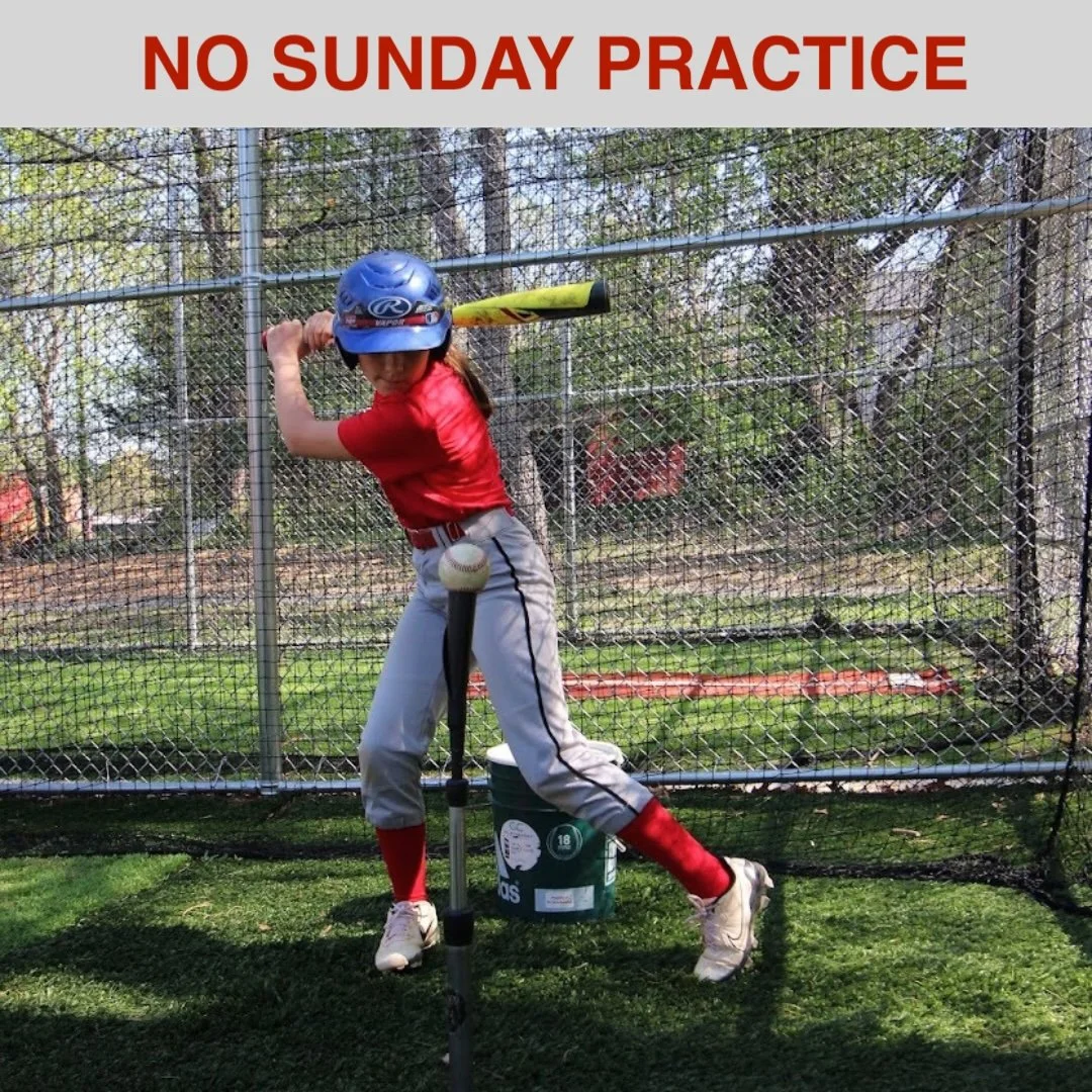 A headline of 'No Sunday Practice' with a young player batting off a tee below.