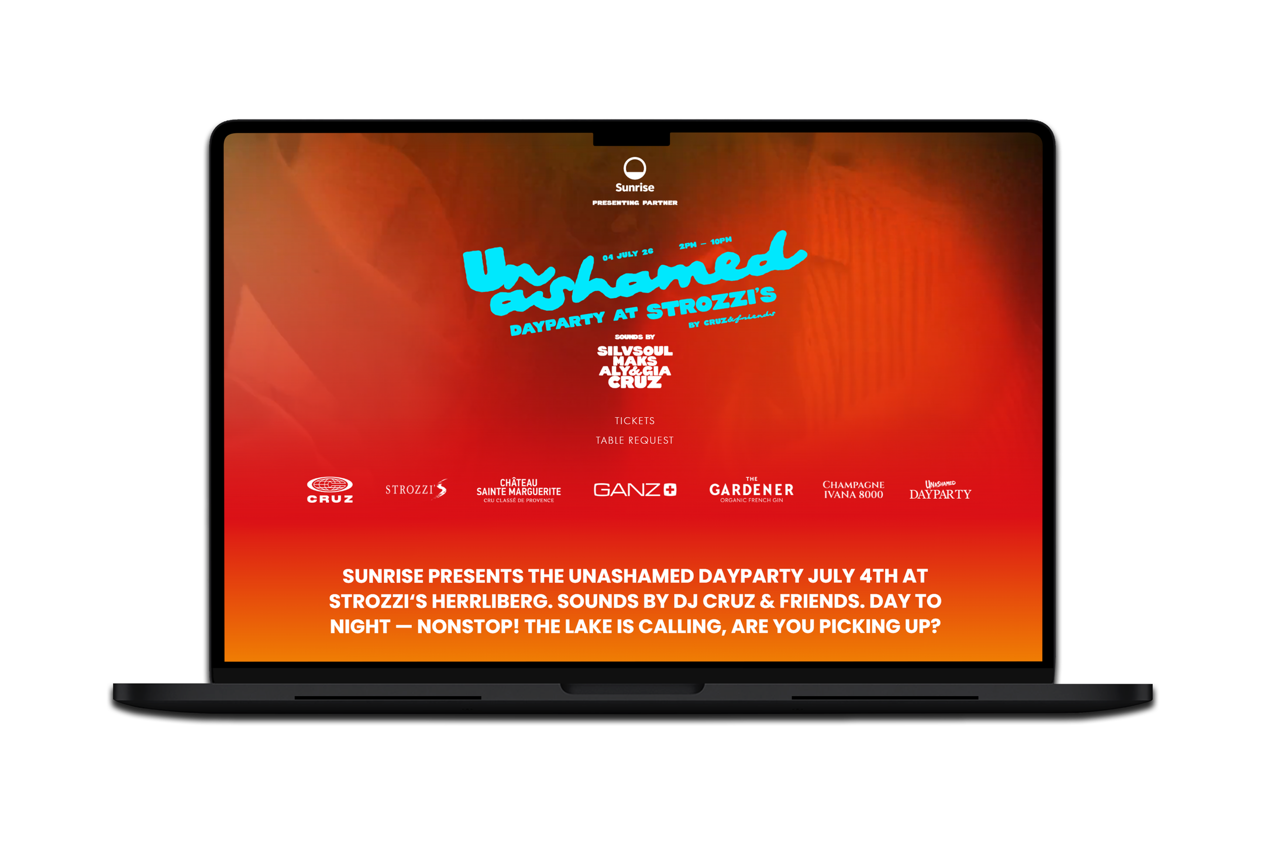 Sunrise presents The Unashamed Dayparty – Website für Ticket Sales und Lounge Requests