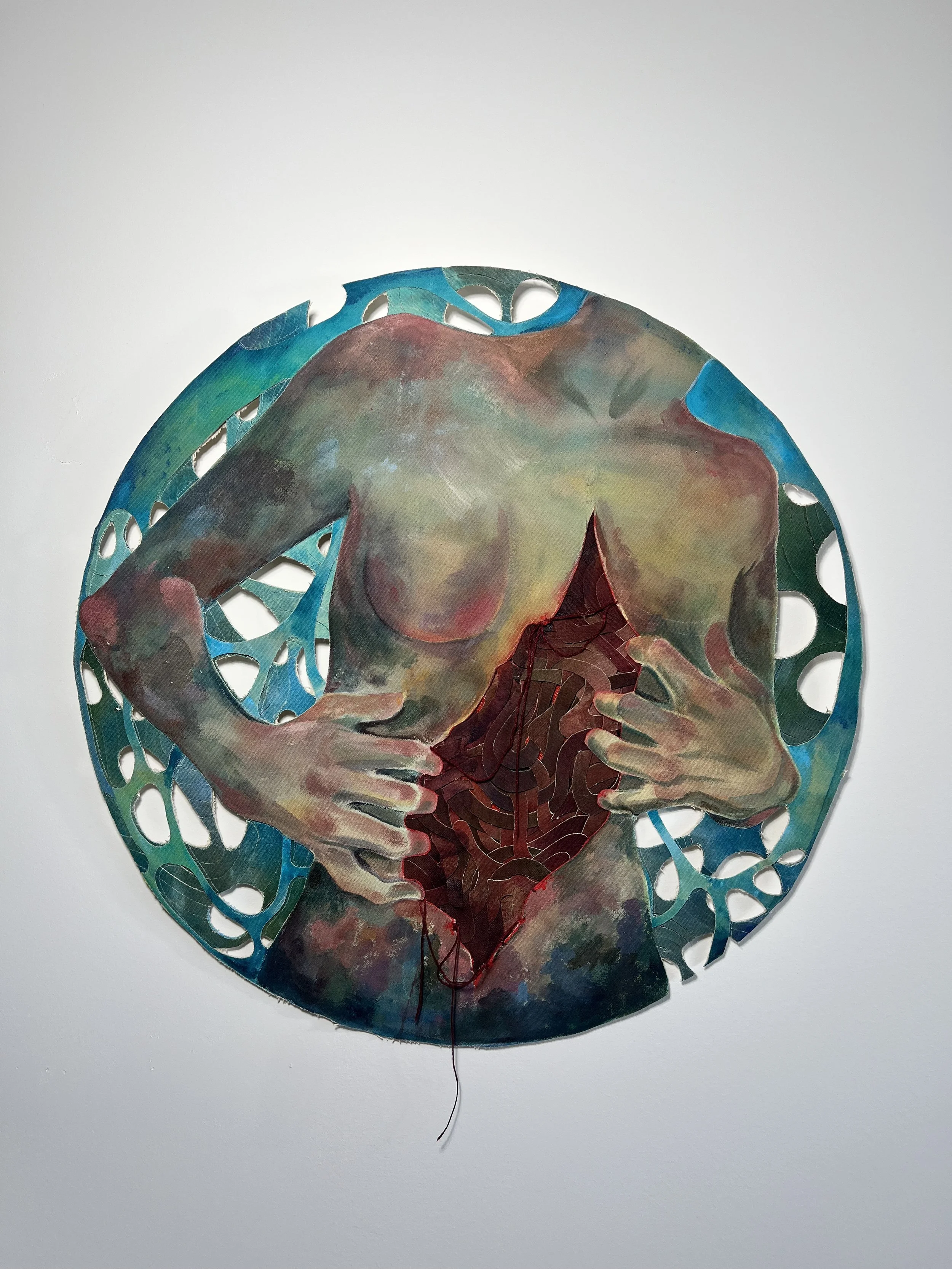 grotesque and poetic
21" x 21" 

Acrylic on unstretched canvas, embroidery thread
2025