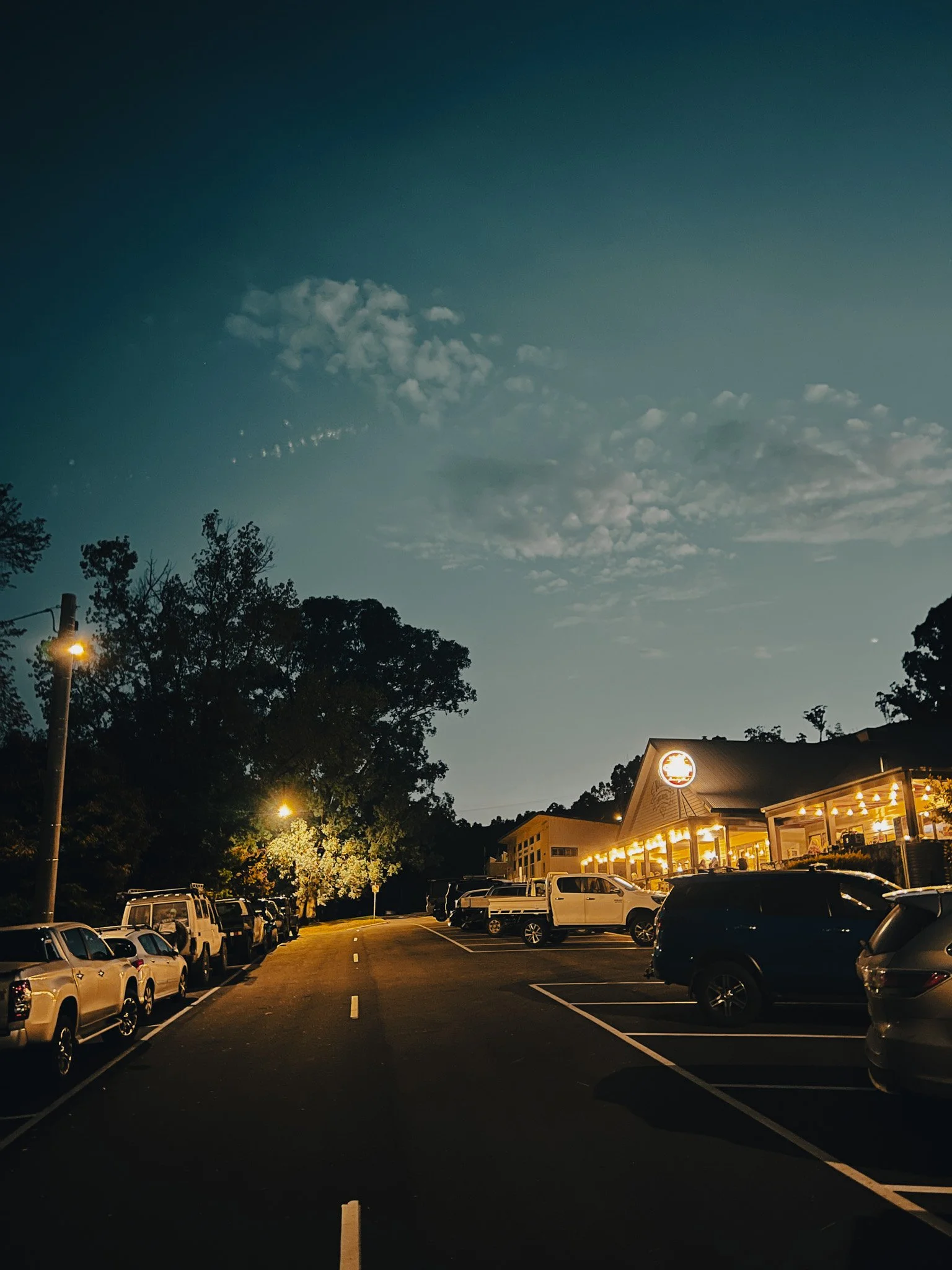 Nighttime view of a parking lot outside a restaurant with parked cars and lit exterior lights, trees, and a cloudy sky.