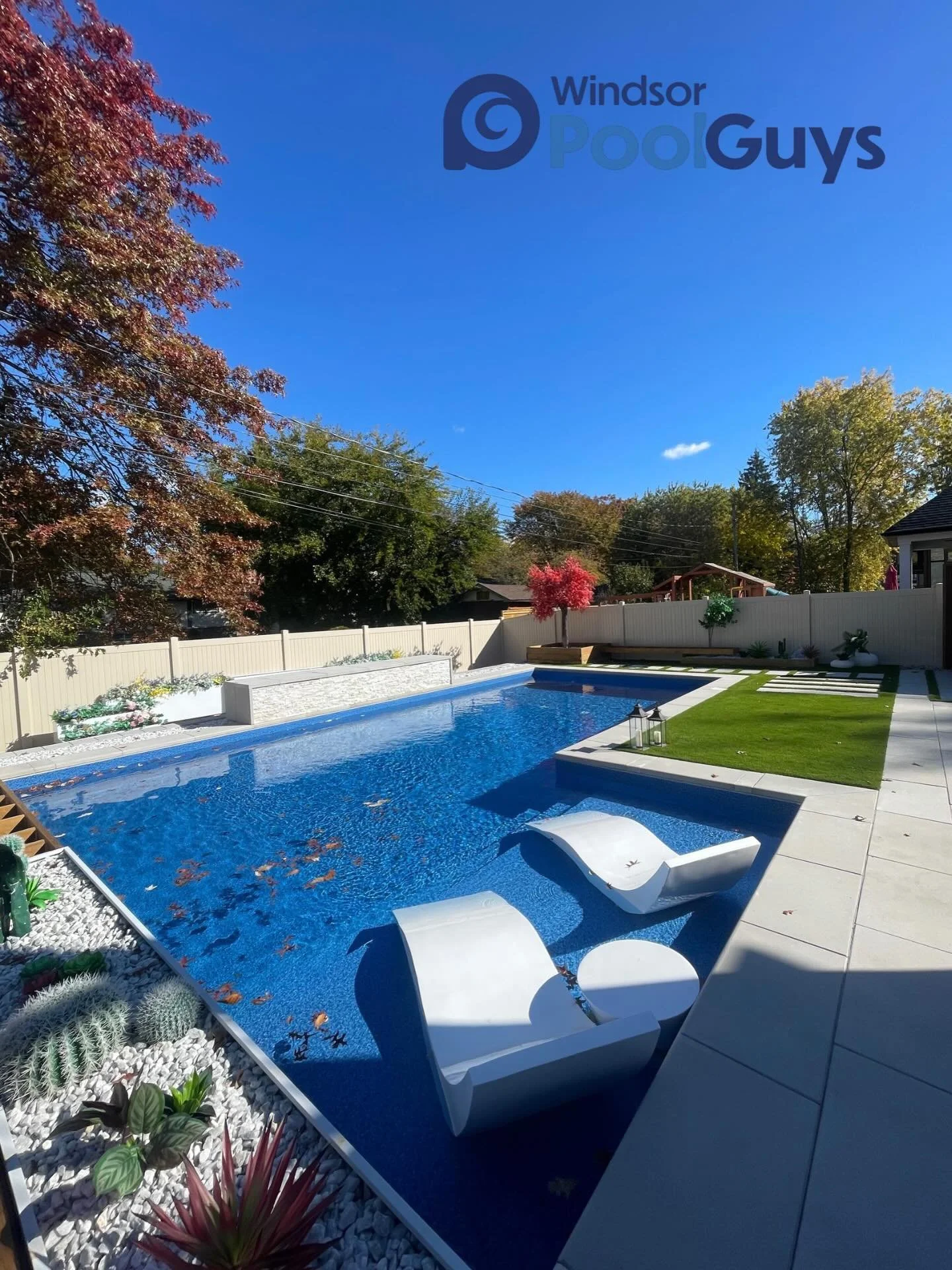 18x36 L shaped pool with 12 foot wide sun ledge! What a team effort this one took! 12 foot wide waterfall, blue pebble beach liner to top it off! 

Let&rsquo;s start planning your backyard oasis today like this one! ☀️🏊🏼🌴 226-788-3822