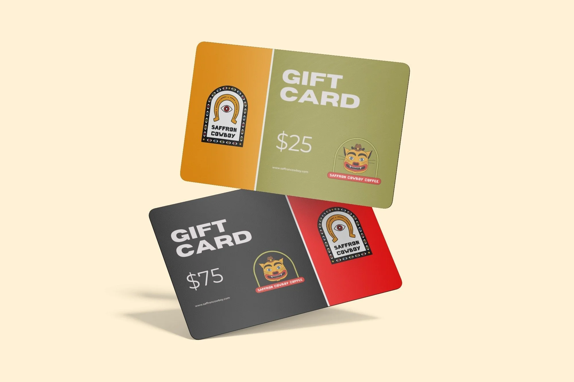 Two Saffron Cowboy gift cards, one valued at $25 and the other at $75, featuring artistic designs and logos.