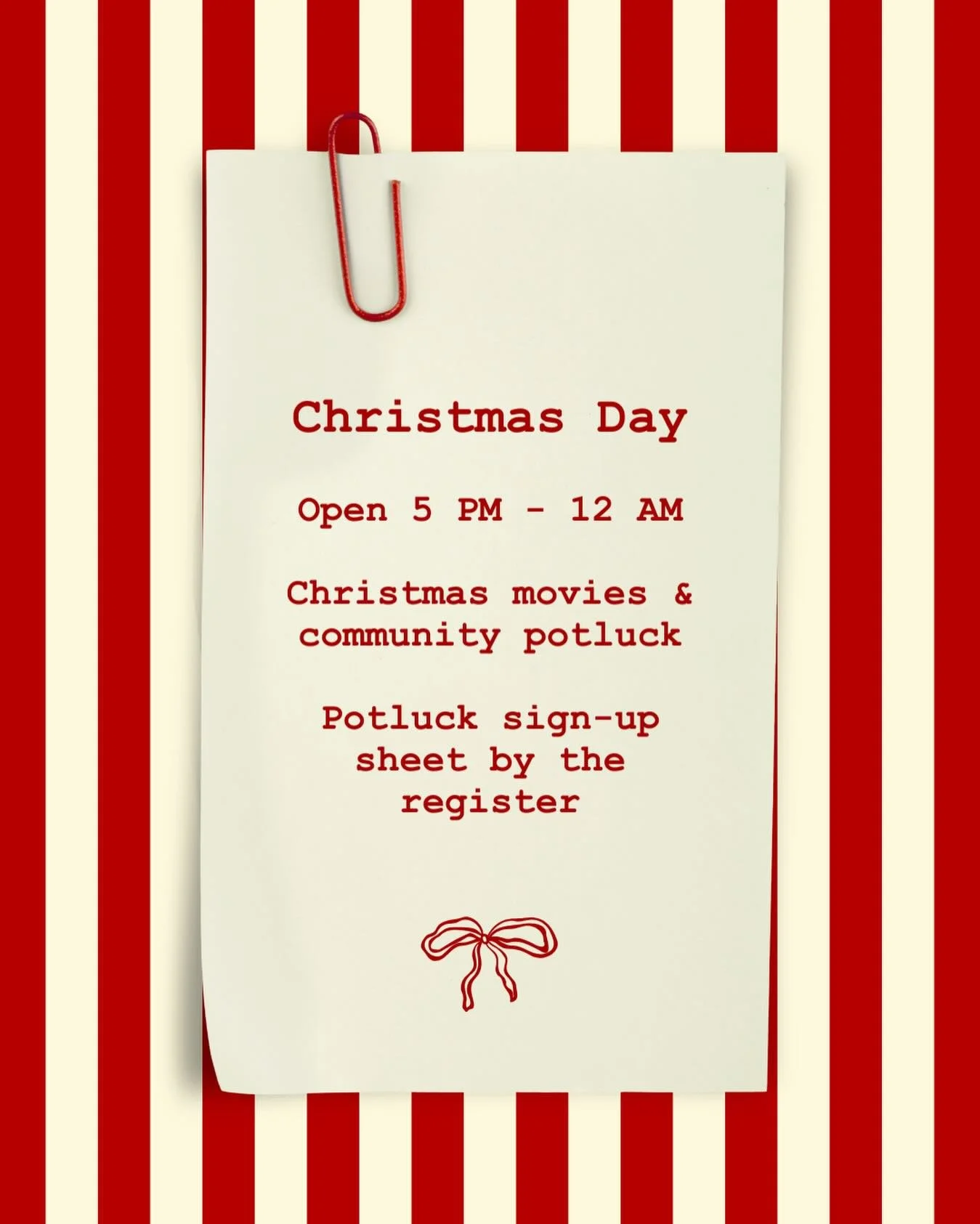 We are OPEN on Christmas Day from 5 PM to midnight! Join us for cozy Christmas movies (Pajamas encouraged) and a community potluck! Sign-up sheet will be by the register&mdash;all are welcome to eat, regardless of contribution. 🍿📺🎄
.
.
.
#therootk