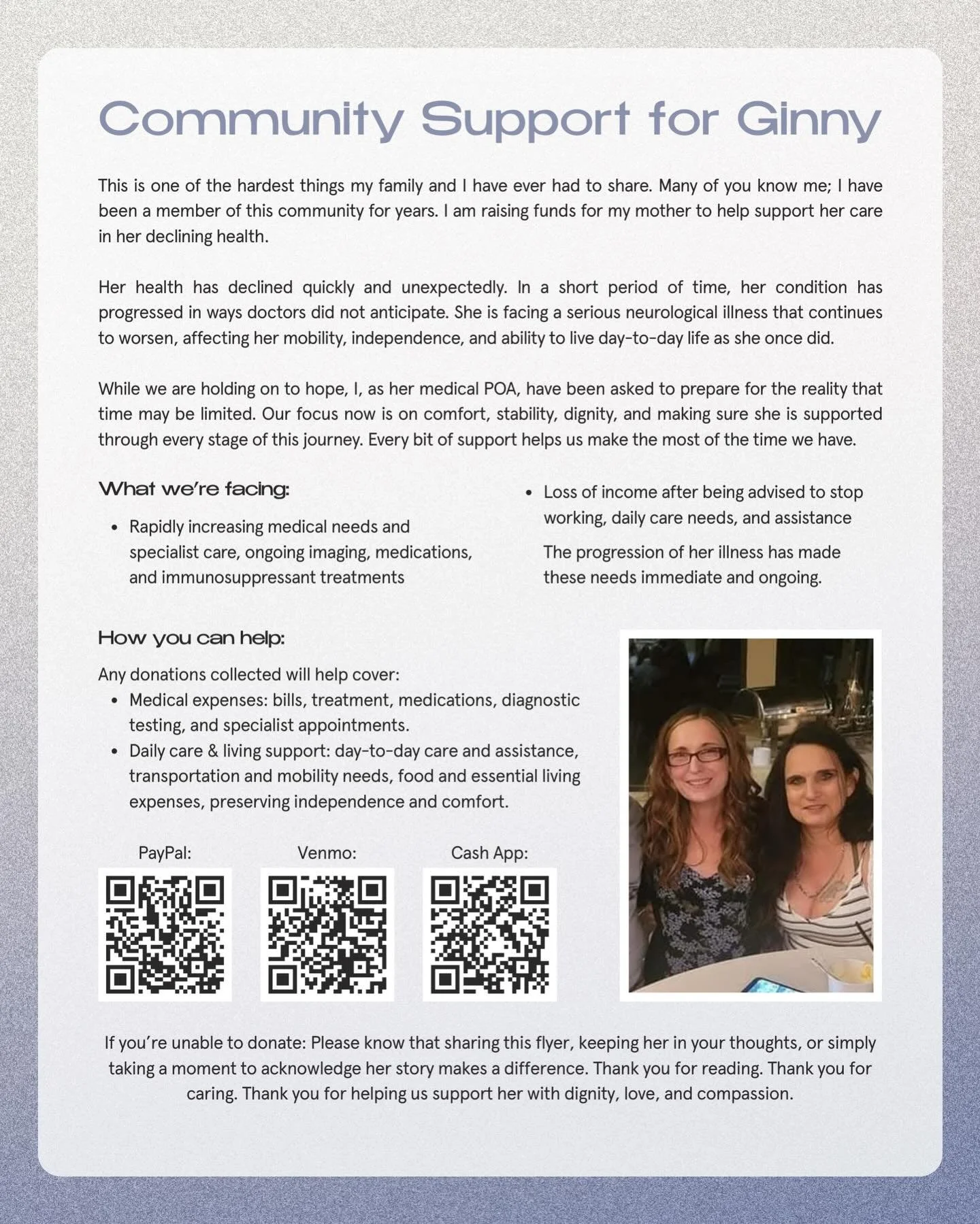 Please join us in supporting our beloved community member @lexy_woods09 through this difficult time ❤️&zwj;🩹 Her mom, Ginny, is facing a serious neurological illness and her health continues to decline. We ask that the community come together in sup