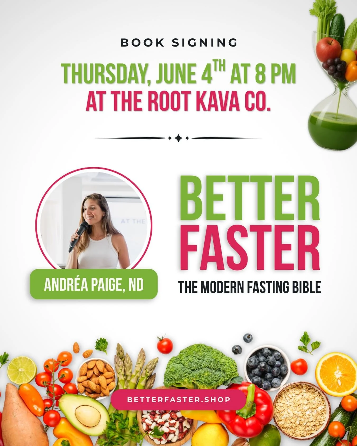 Author of Better Faster: The Modern Fasting Bible @andreapaigend will be joining us next Thursday, June 4th for a book signing! 🍎🥑🍌🥦
.
.
.
#betterfaster #andreapaigend #therootkavaco #bouldercolorado