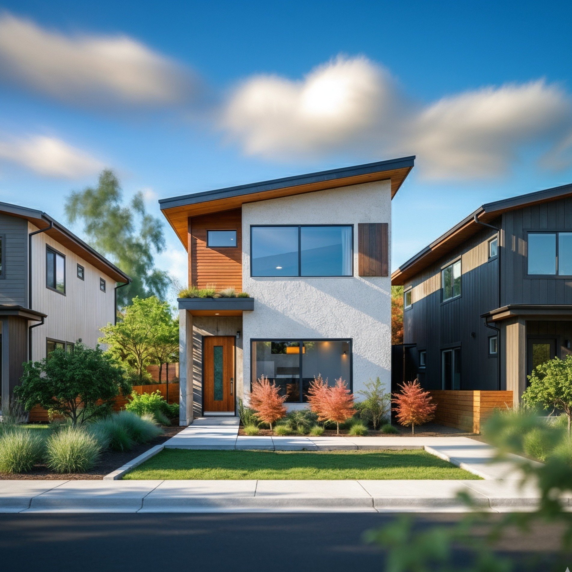 Modern two-story house with white stucco and wood siding, large windows, landscaped front yard with small trees and bushes, sidewalk and street in foreground, blue sky with clouds in background.