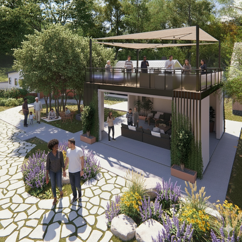 People gathering on a rooftop terrace and in a garden with flowering bushes and trees, with a modern two-story house in the background.