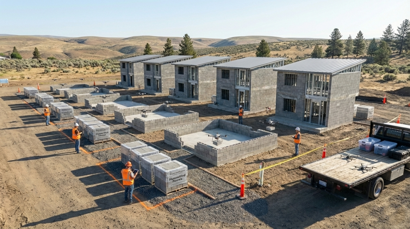 Construction workers in orange safety vests and helmets laying foundations for modern grey cinder block buildings at a construction site in a rural area.
