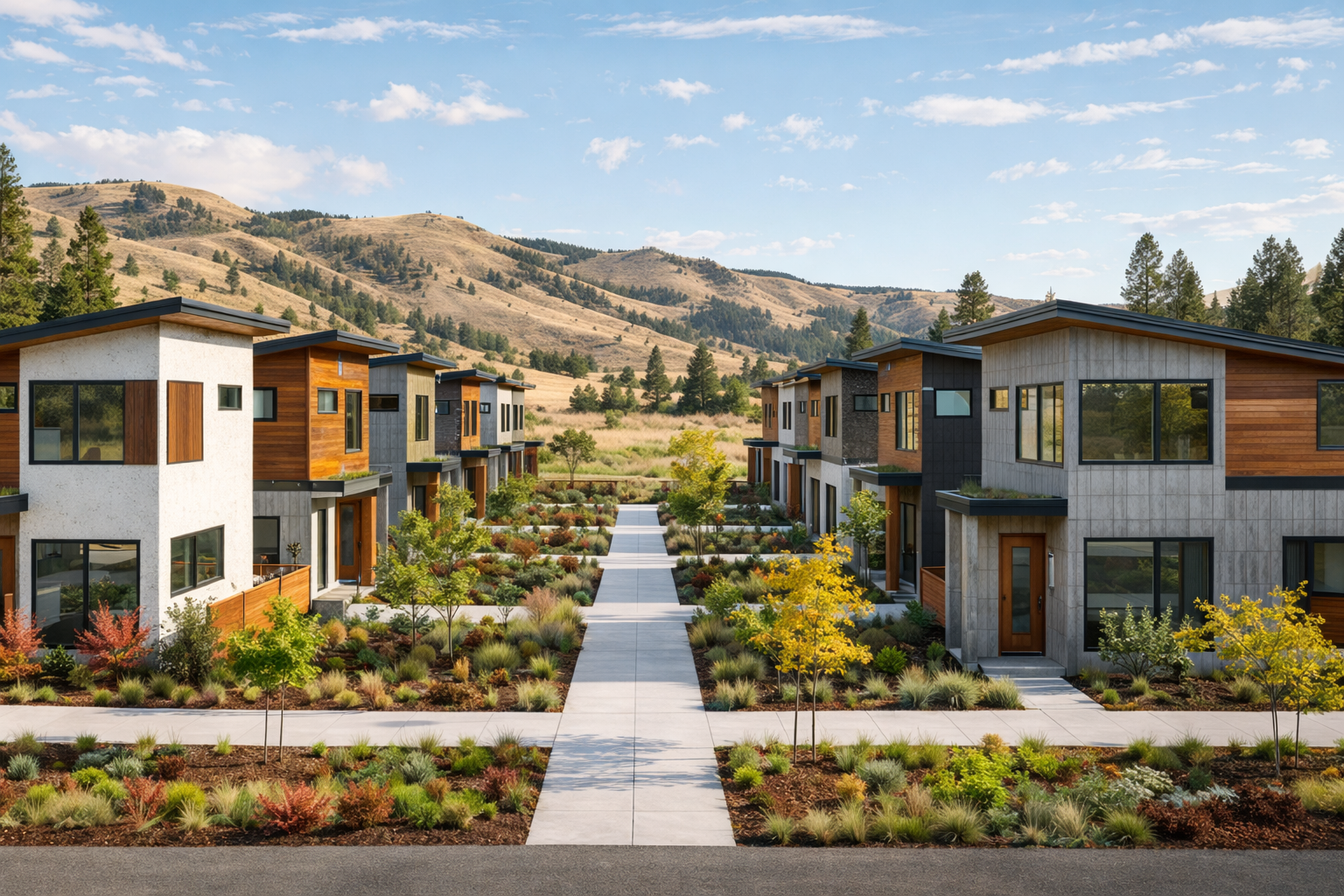 Modern townhouse complex with landscaped pathways, trees, and mountains in the background under a partly cloudy sky.
