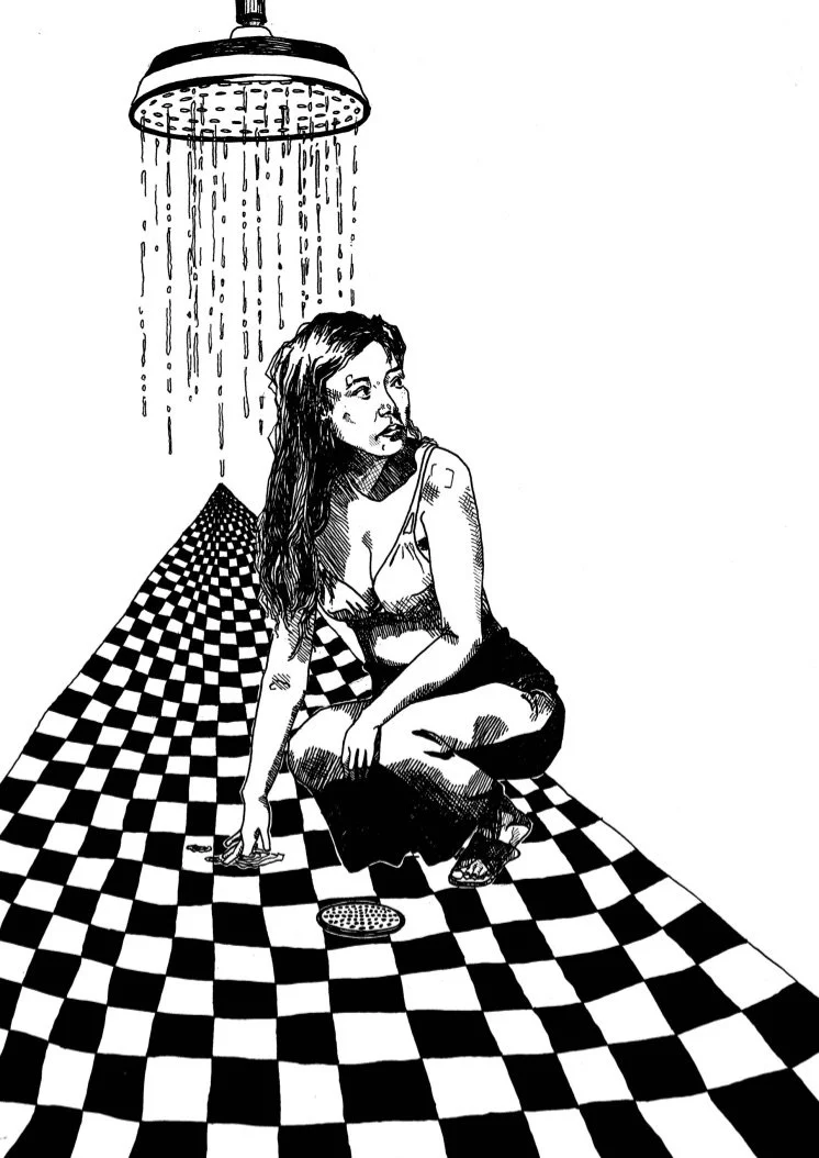 "Hallway Scene” is an ink illustration that I designed for use as a screenprint in 2019. 