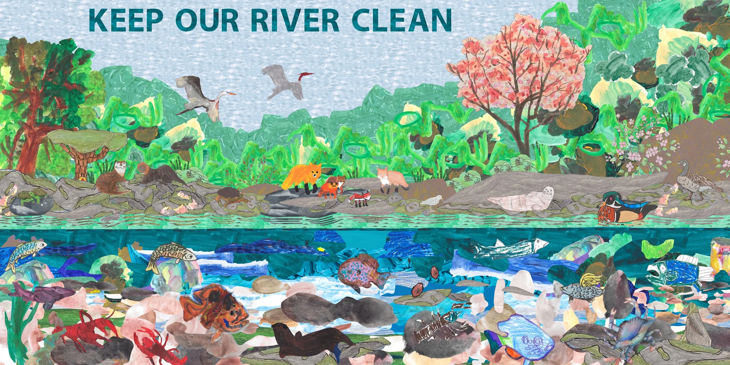 “Keep Our River Clean” is the first of two digital collages of student artwork from a workshop series on ecological illustration that I conducted in 2024 at Providence public middle schools. To be installed as a mural along the Woonasquatucket River 