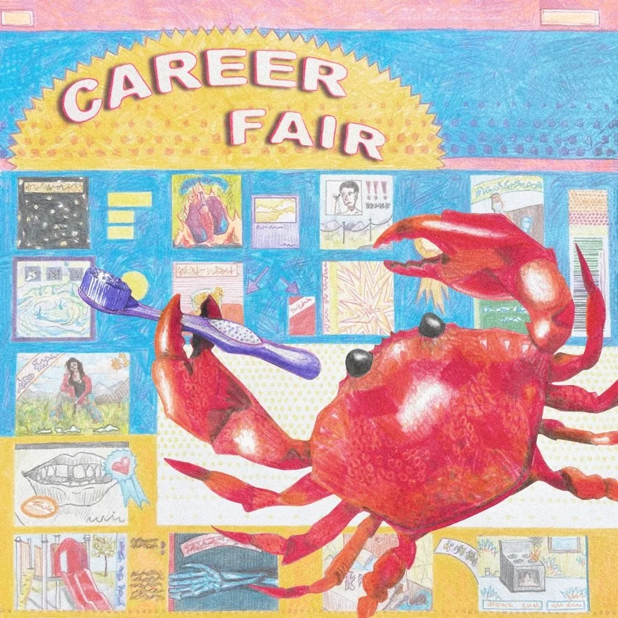 Commissioned album art for independent musician Wheelzie's debut release, titled “Career Fair". Created in 2022, combining colored pencil with digital illustration and typography. 