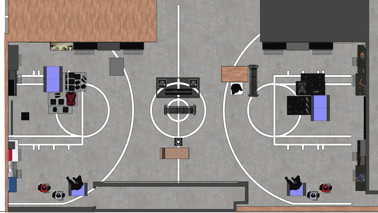 Plan-view rendering of store layout and traffic flow
