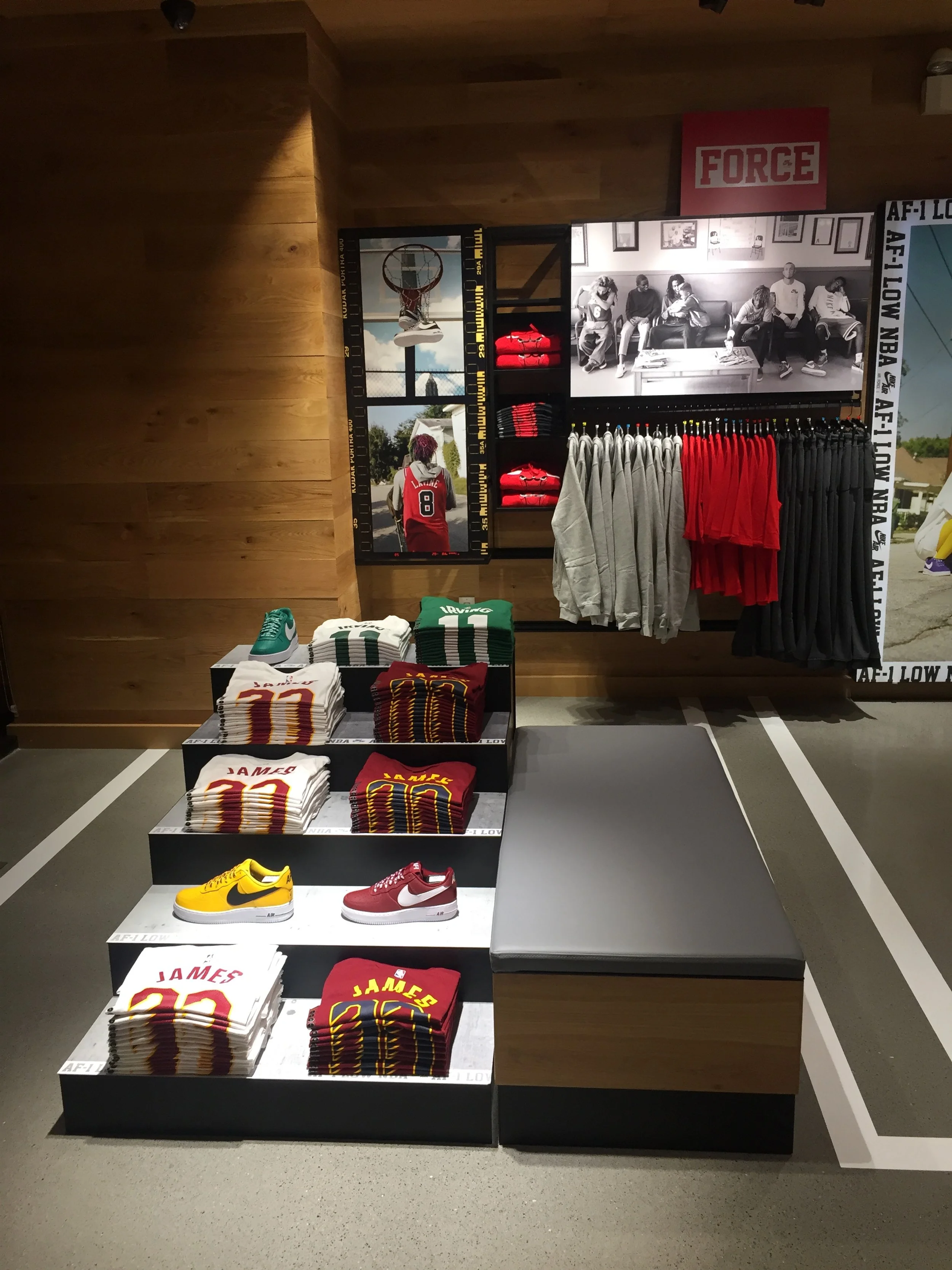 Detail view of Nike AirForce 1 NBA merchandising