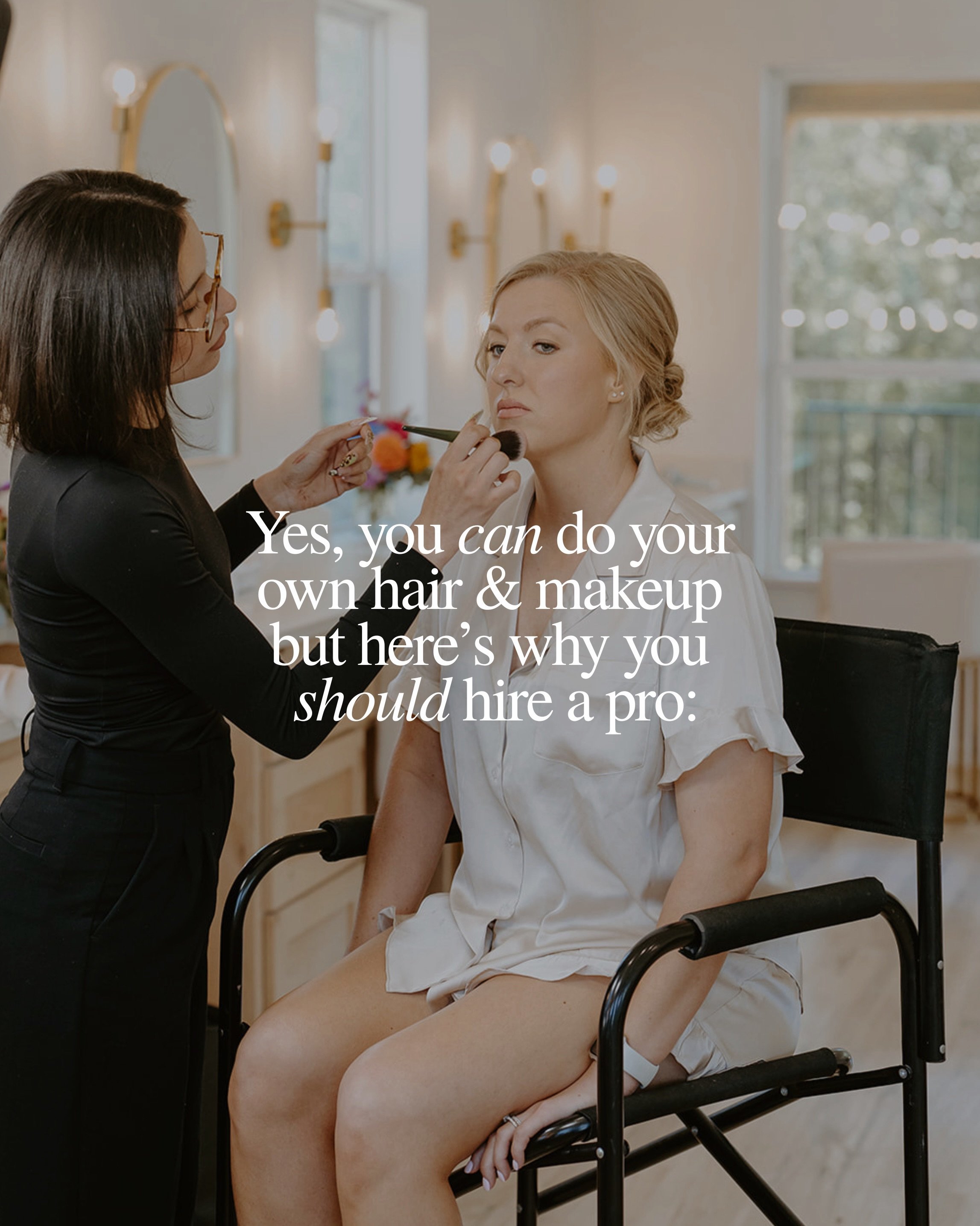 You can do your own wedding hair and makeup, but should you? ✨

Your wedding day is all about feeling calm, confident, and fully present while someone else takes care of you &amp; your bridal party!

Professional hair + makeup is an investment in you