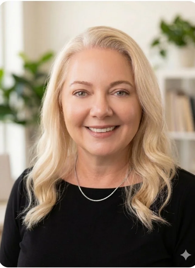 A smiling woman with blonde hair wearing a black top and a delicate necklace in a well-lit room with green plants and white shelves in the background.