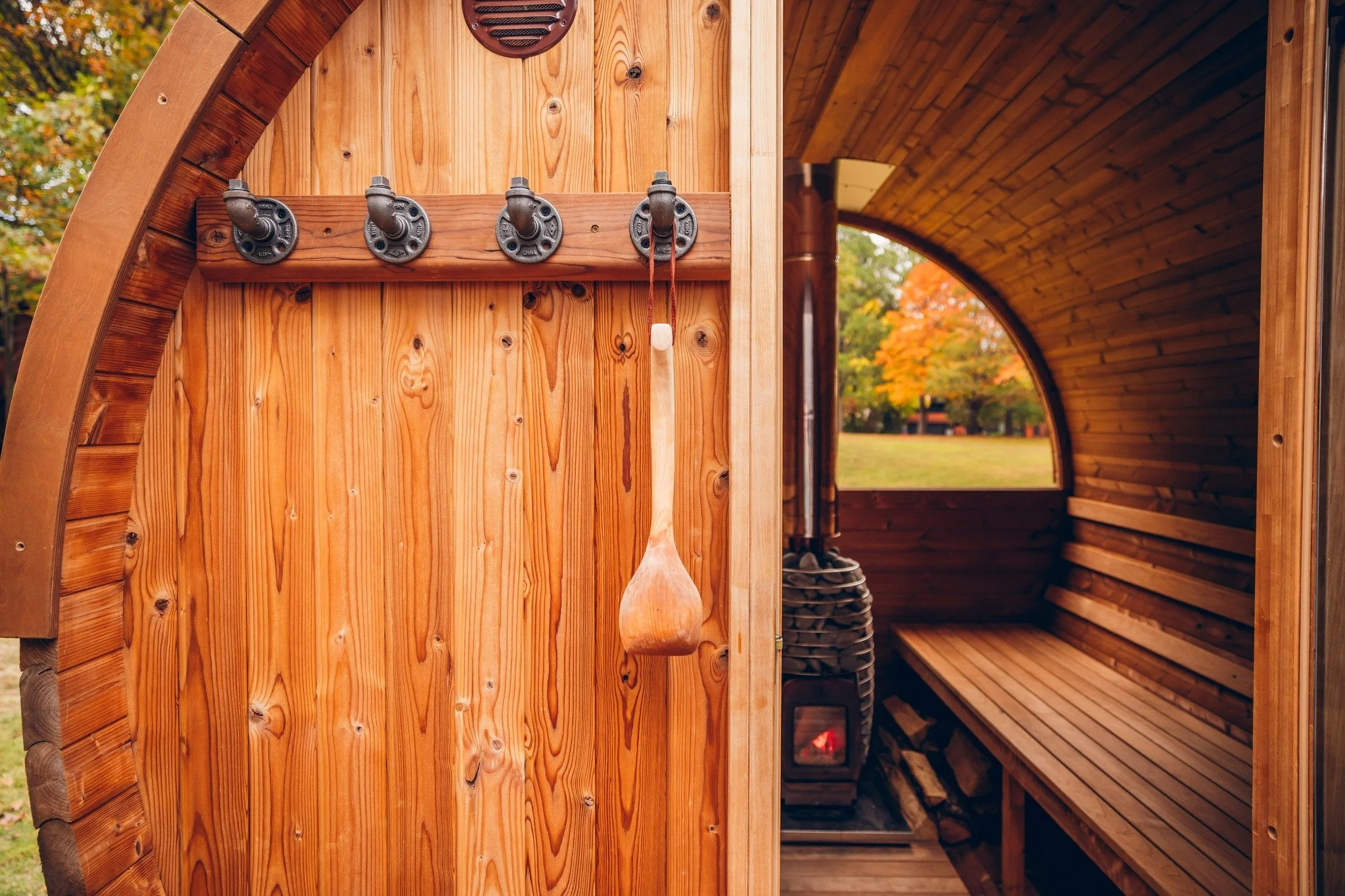 Our very first sauna was built back in the day!

This Thermory XL 6-person barrel sauna features a panoramic window, an upgraded metal roof for durability, and a wood-fired heater&mdash;ideal for off-grid setups and traditional sauna lovers. Built wi