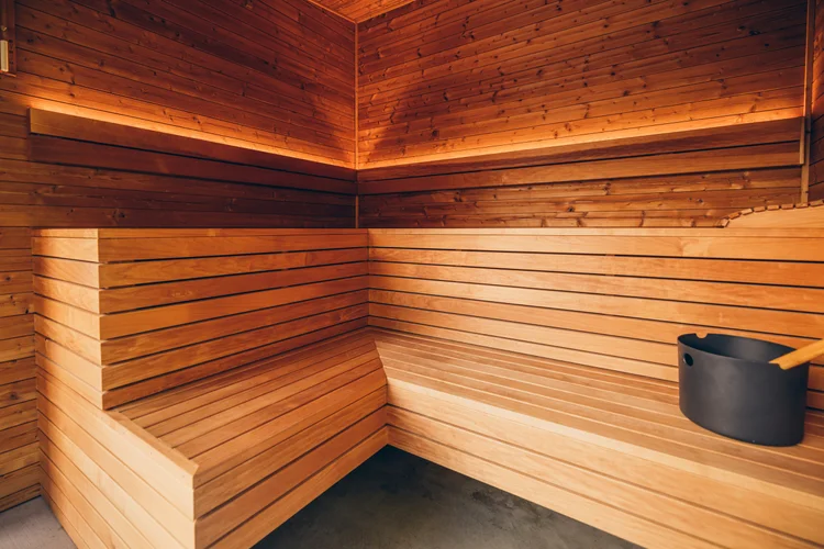 Custom modern exterior sauna suite with cedar cladding and glass door