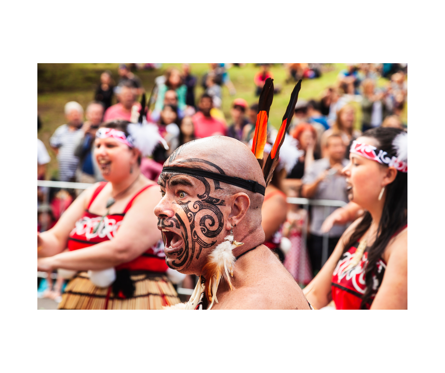 A tattooed man with a shaved head, traditional Maori facial tattoos, feathered headdress, and earring, appears to Yamato perform or shout during a cultural event or celebration, with a crowd of spectators in the background.