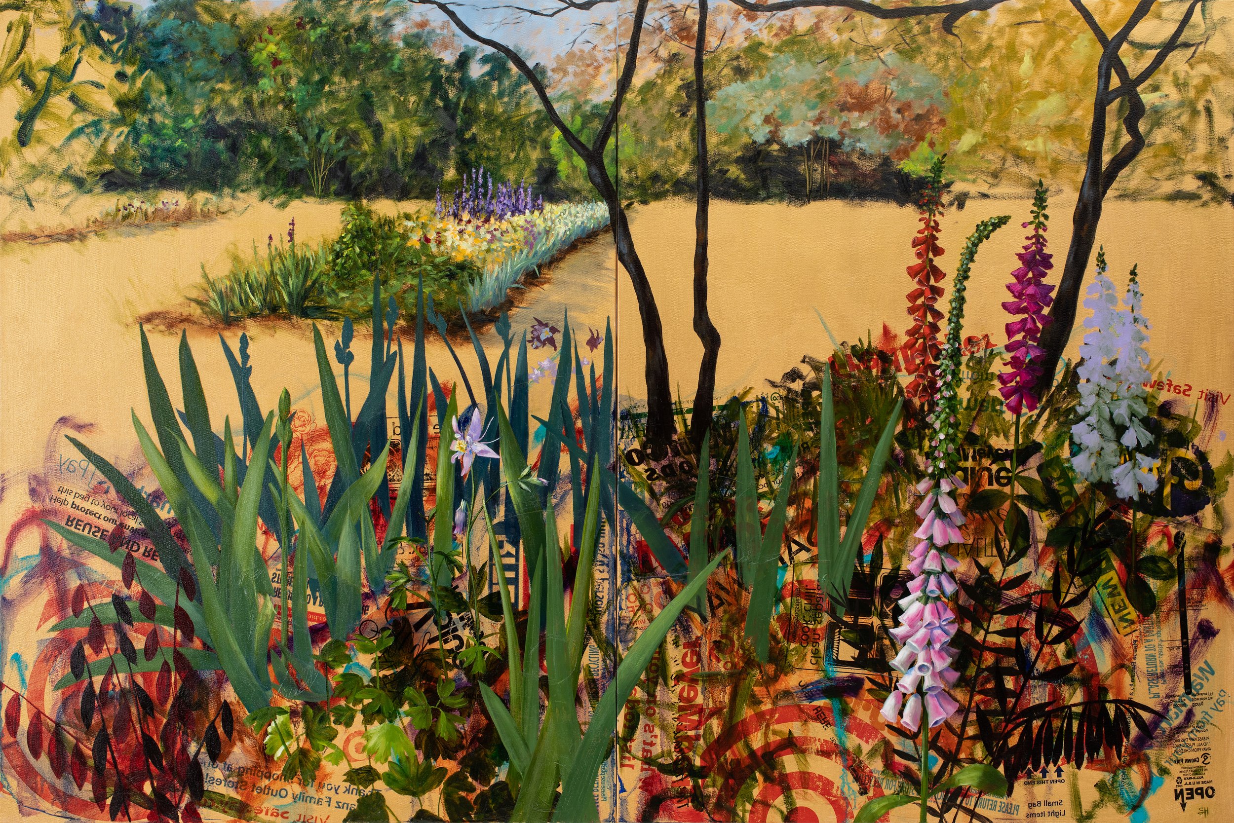 "A Trillion Single Uses" Diptych
Oil and Single-Use Plastic Bag Transfers, 40” x 60” 2019
This double-canvas painting uses the acrylic medium transfers from plastic bags in another interpretation of plastic being incorporated into our environment.