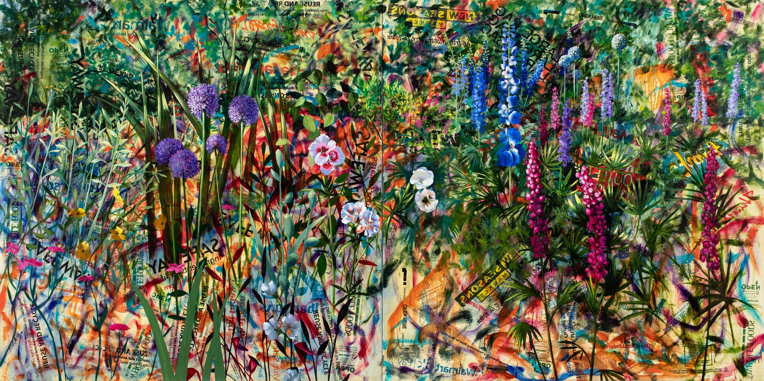 "450 Years to Never" Diptych
Oil and Single-Use Plastic Bag Transfers, 40” x 80” 2019
In this two-canvas diptych, I used acrylic medium to transfer the logos and labels off of plastic bags directly on to my canvas and then made my painting of natur