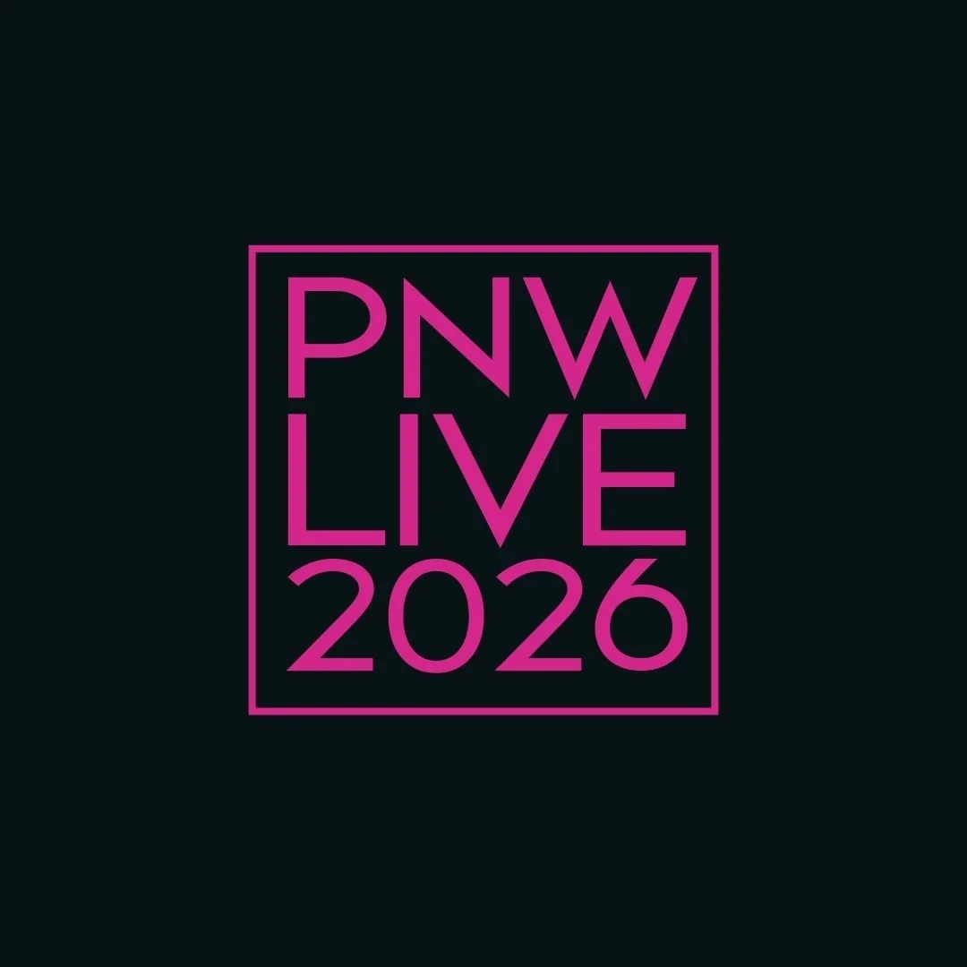 Pink text reading "PNW LIVE 2026" within a pink square outline on a black background.