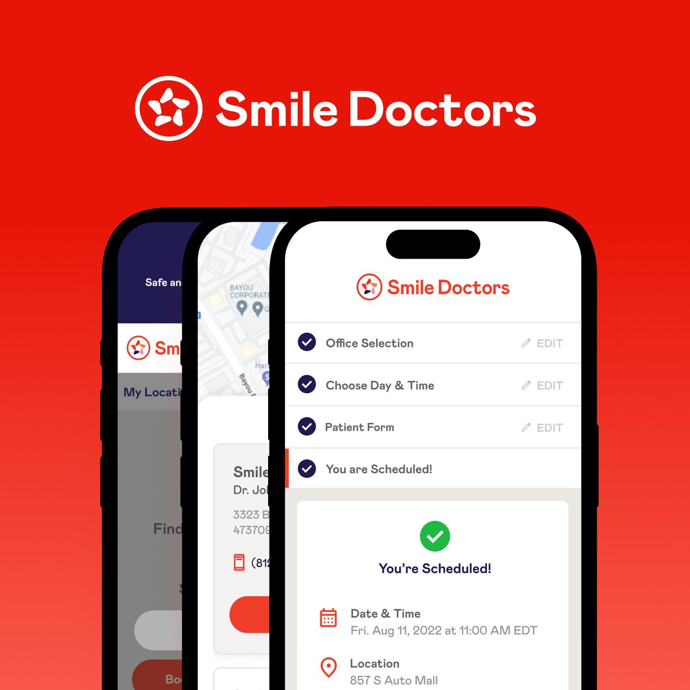 Smile Doctors mobile app redesign — clean, user-friendly interface improving patient experience and brand consistency.