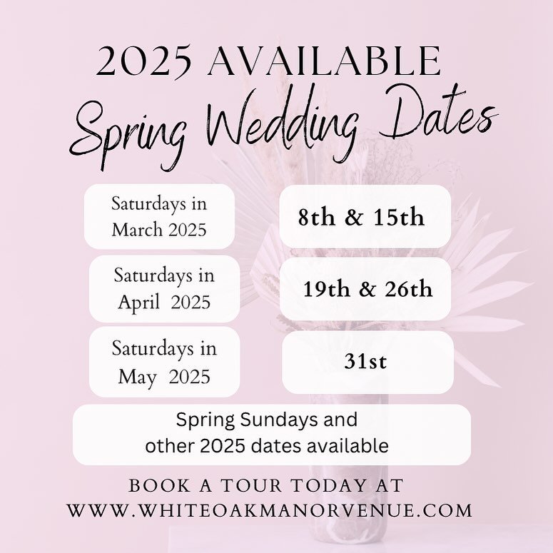 💐Spring 2025 Brides 💍 We only have a handful of 2025 Spring Saturdays left. Book your tour today and secure your date before they are gone! www.whiteoakmanorvenue.com #whiteoakmanorweddings #virginiaweddings #bridetobe #weddingvenue #outdoorvenue #